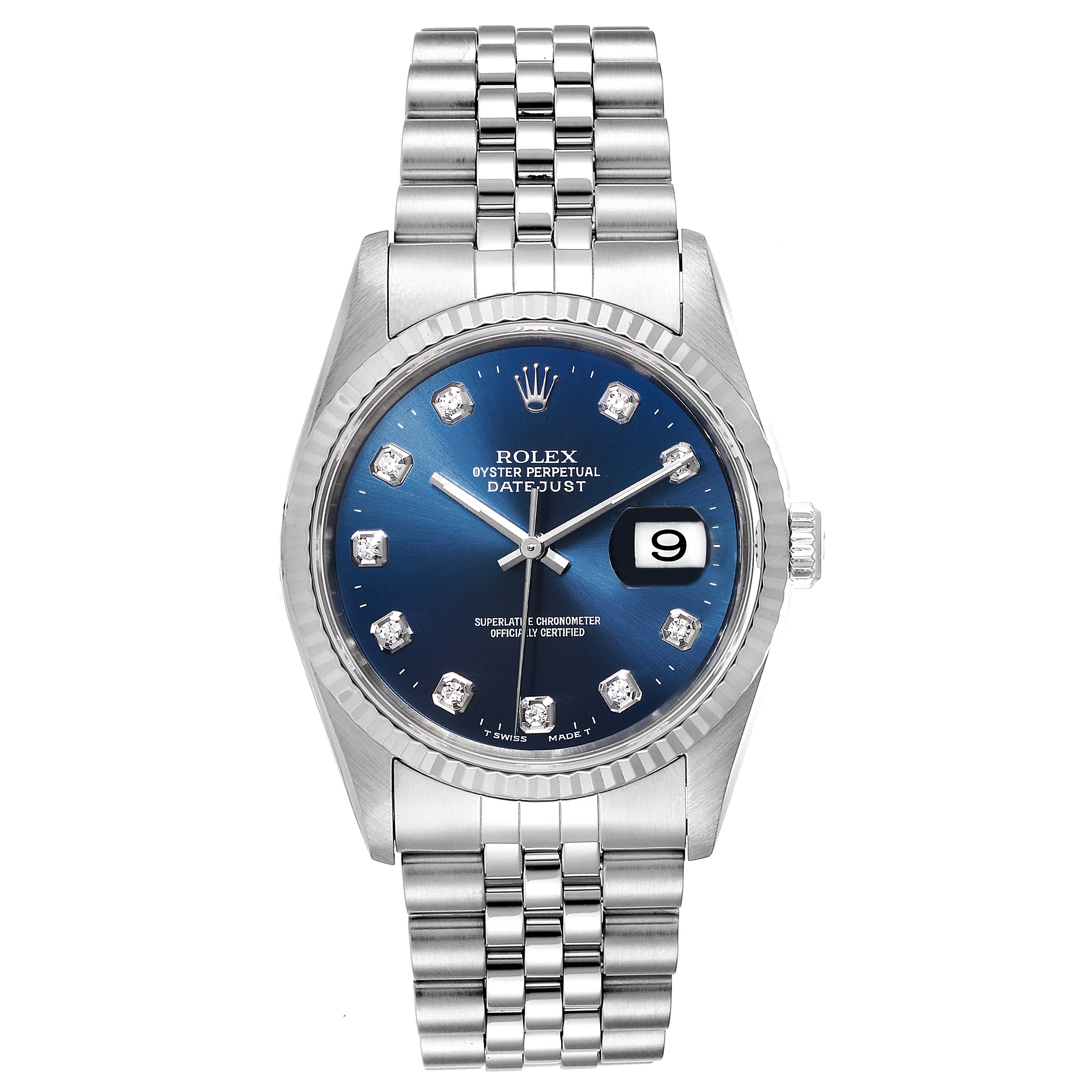 The image shows a front view of a Rolex Datejust 16234 Men
s Stainless Steel Blue Dial 16234 Men
s Stainless Steel Blue Dial watch, highlighting the dial, bracelet, and date window.