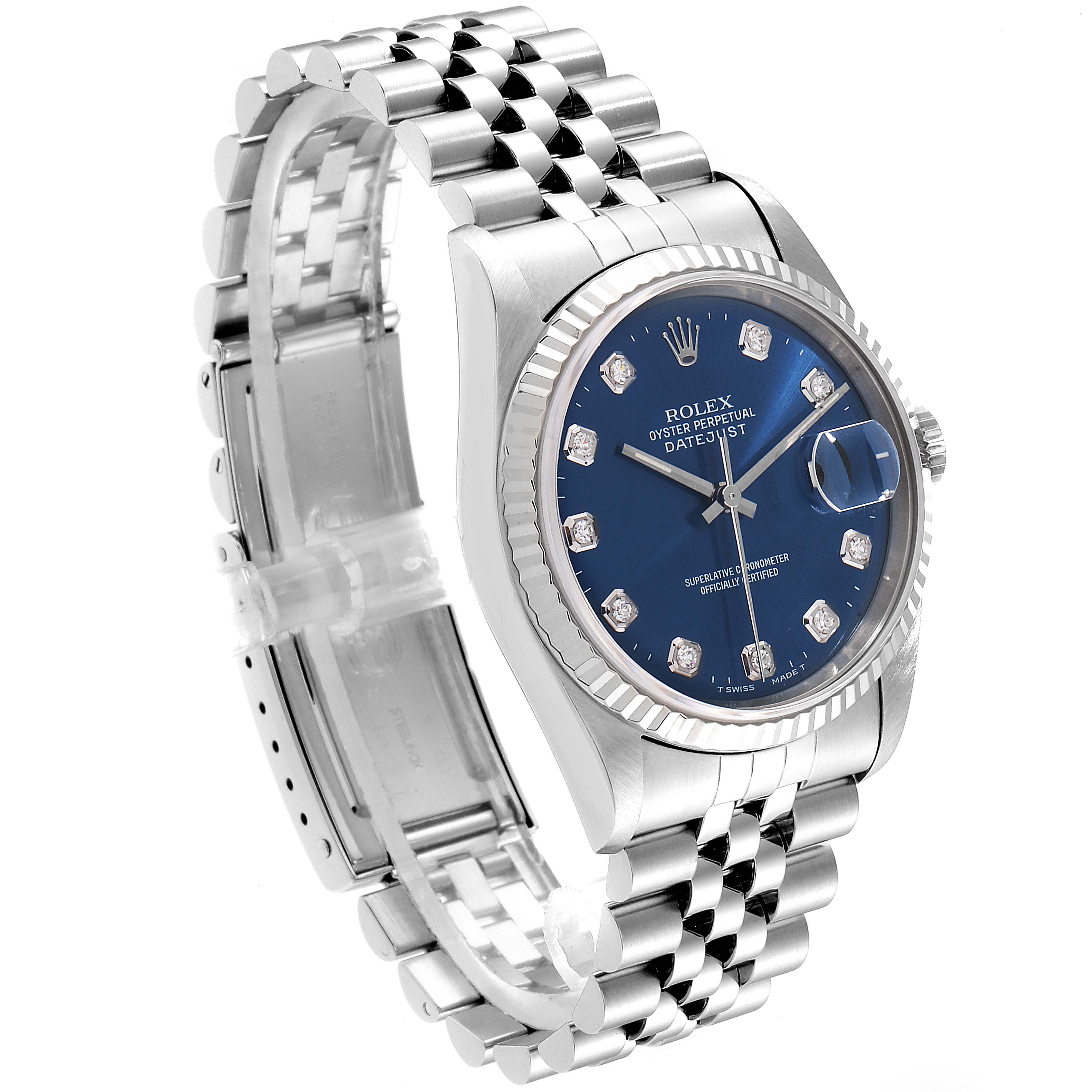 This image shows a Rolex Datejust 16234 Men
s Stainless Steel Blue Dial 16234 Men
s Stainless Steel Blue Dial watch at a slight side angle, highlighting the face, bezel, crown, and bracelet.
