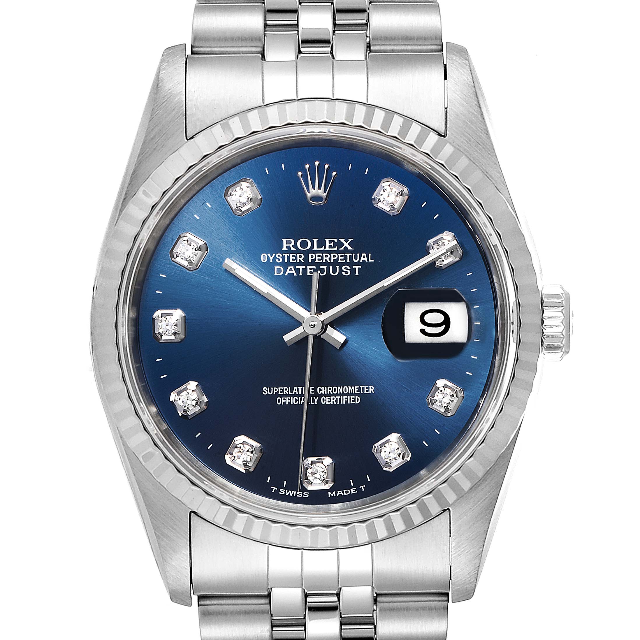 The Rolex Datejust 16234 Men
s Stainless Steel Blue Dial 16234 Men
s Stainless Steel Blue Dial watch is shown from a front angle, highlighting the dial, bracelet, and bezel.
