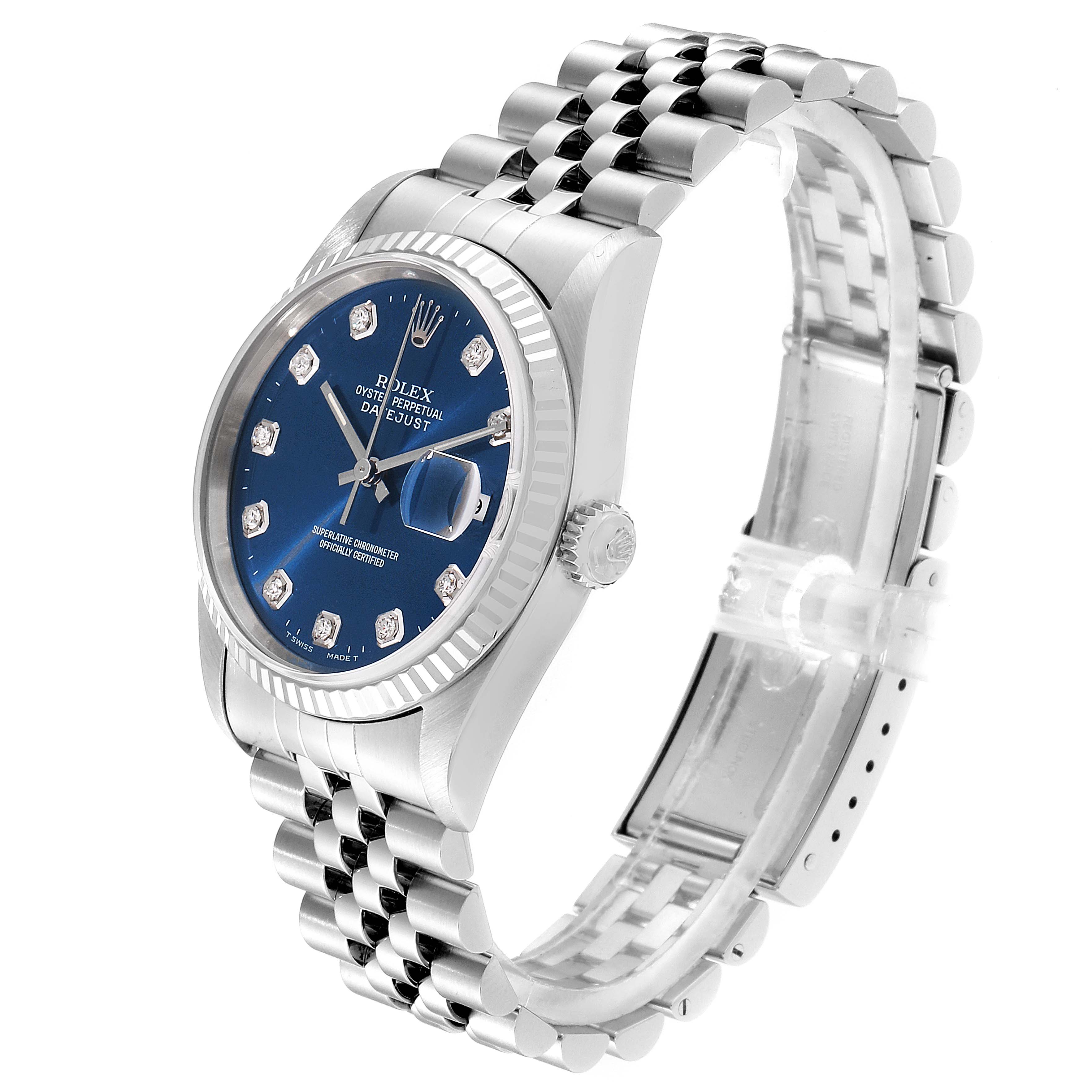 The Rolex Datejust 16234 Men
s Stainless Steel Blue Dial 16234 Men
s Stainless Steel Blue Dial watch is shown at a slight angle from the front, featuring its blue dial, fluted bezel, and Jubilee bracelet.