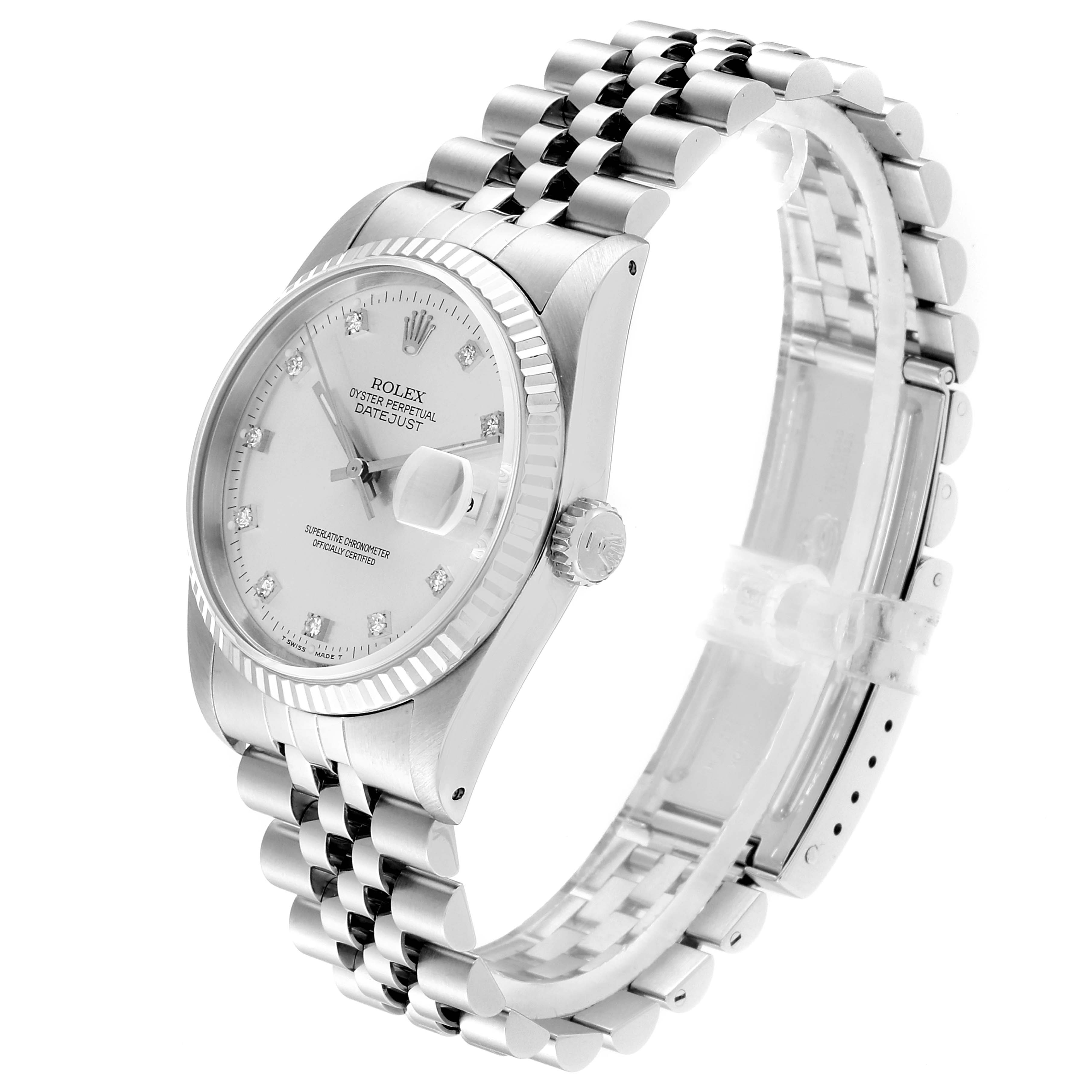 The image shows a side angle of a Rolex Datejust 16234 Men's Stainless Steel Silver Dial 16234 Men's Stainless Steel Silver Dial watch, highlighting the dial, bracelet, and crown.
