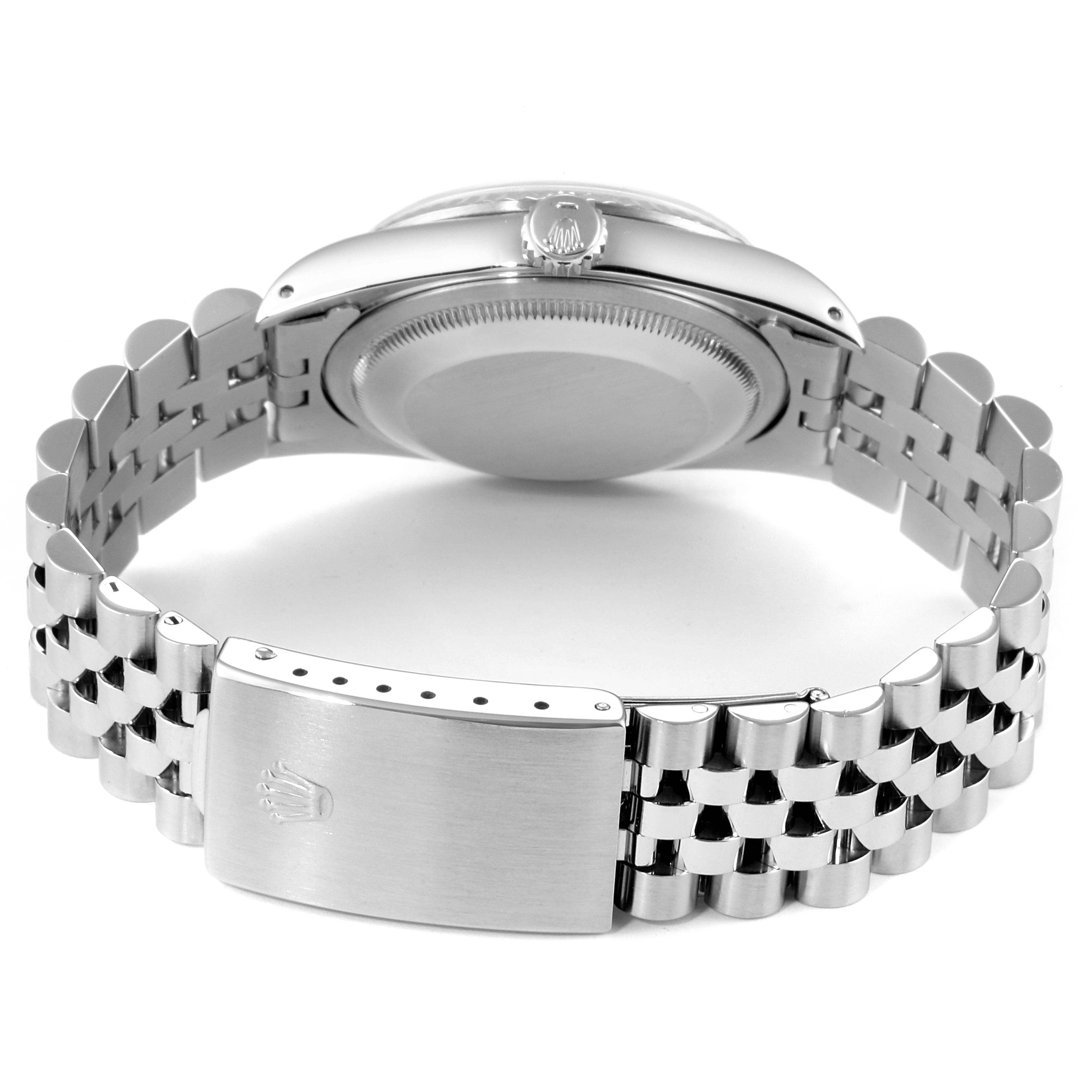 This image shows the back view of a Rolex Datejust 16234 Men's Stainless Steel Silver Dial 16234 Men's Stainless Steel Silver Dial watch, highlighting the bracelet, clasp, and case back.
