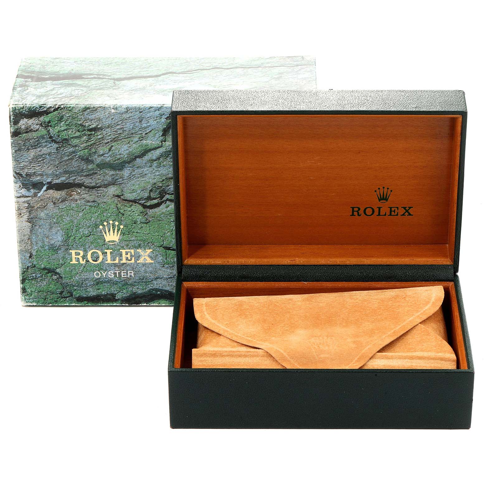 This image shows the open box and suede pouch for a Rolex Datejust 16234 Men's Stainless Steel Silver Dial 16234 Men's Stainless Steel Silver Dial watch, with Rolex branding visible on the box.