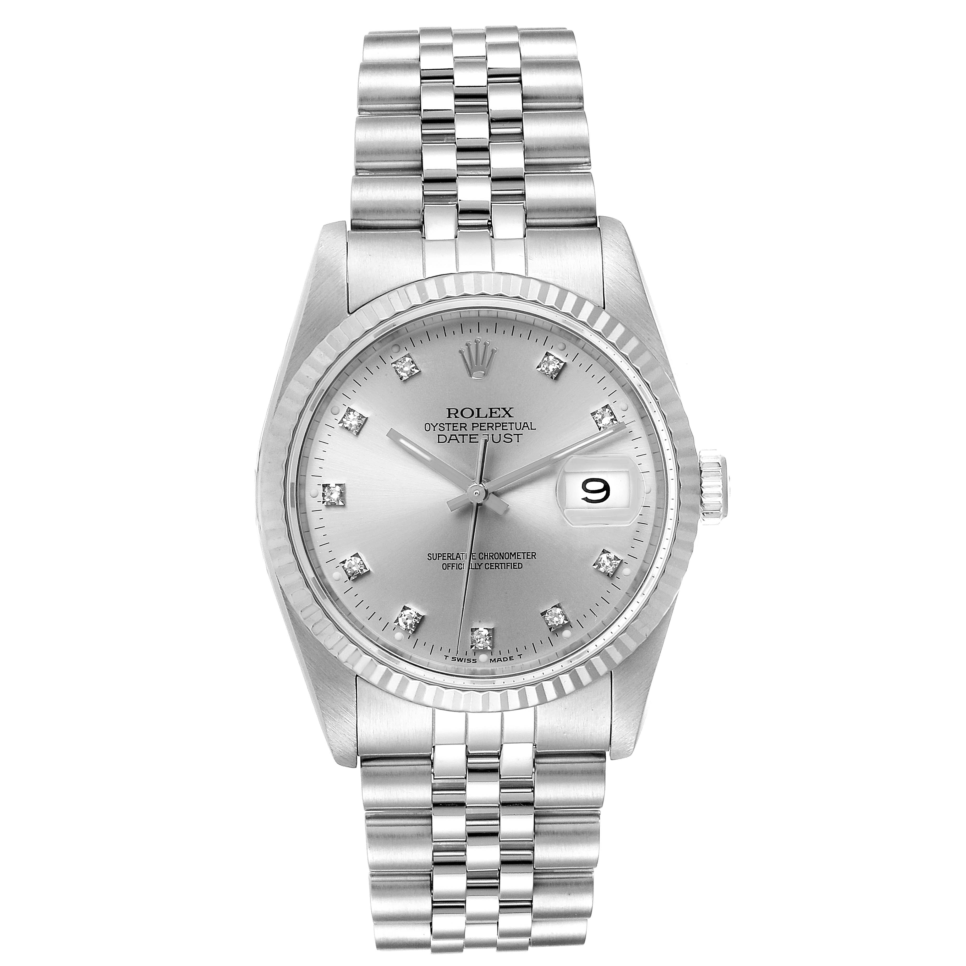 This image shows a front view of the Rolex Datejust 16234 Men's Stainless Steel Silver Dial 16234 Men's Stainless Steel Silver Dial watch, highlighting its silver dial, jubilee bracelet, and date window.