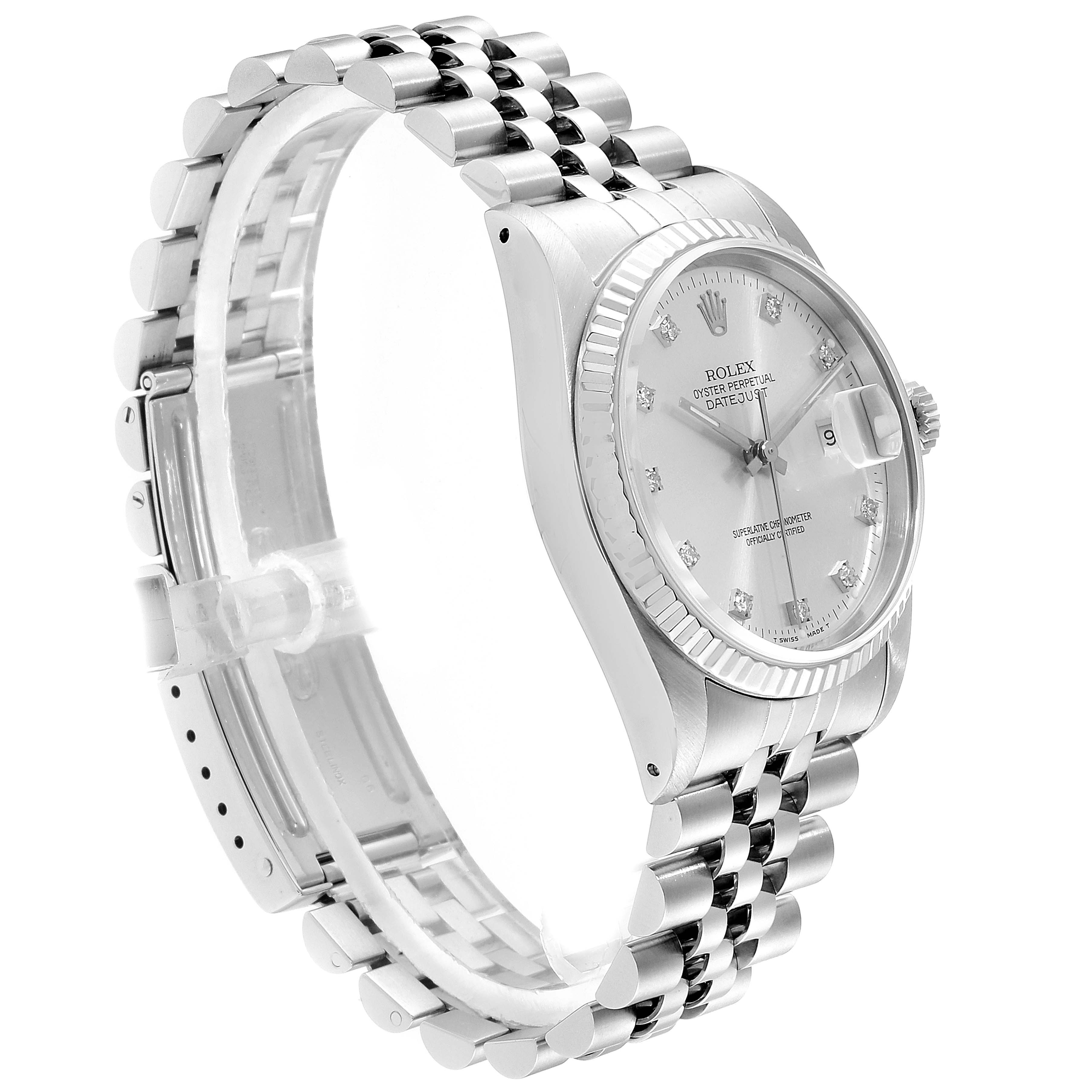 The Rolex Datejust 16234 Men's Stainless Steel Silver Dial 16234 Men's Stainless Steel Silver Dial watch is shown at a side angle, displaying part of its dial, bracelet, and casing.