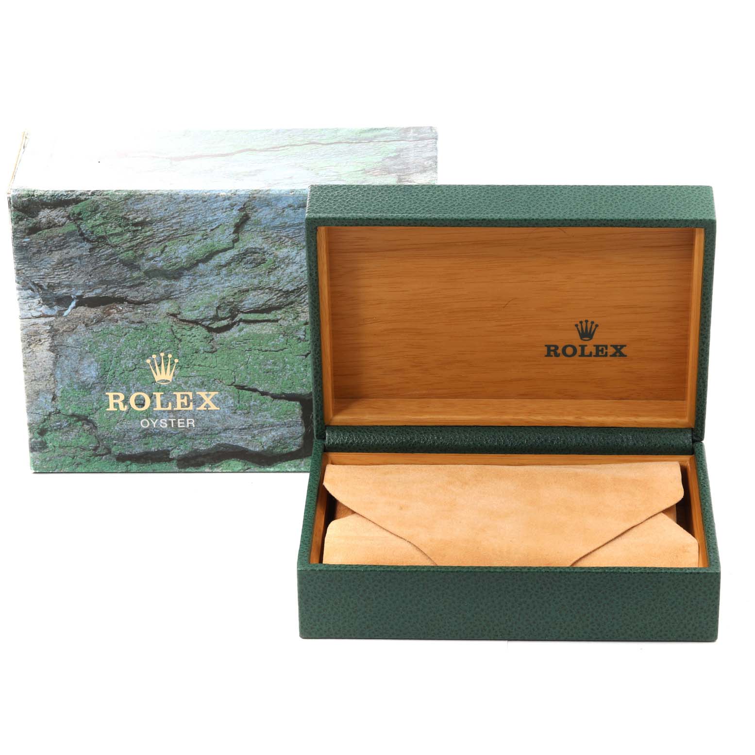 This image shows an open Rolex Datejust 16234 Men's Stainless Steel White Dial 16234 Men's Stainless Steel White Dial watch box and its outer packaging from a front-facing angle.