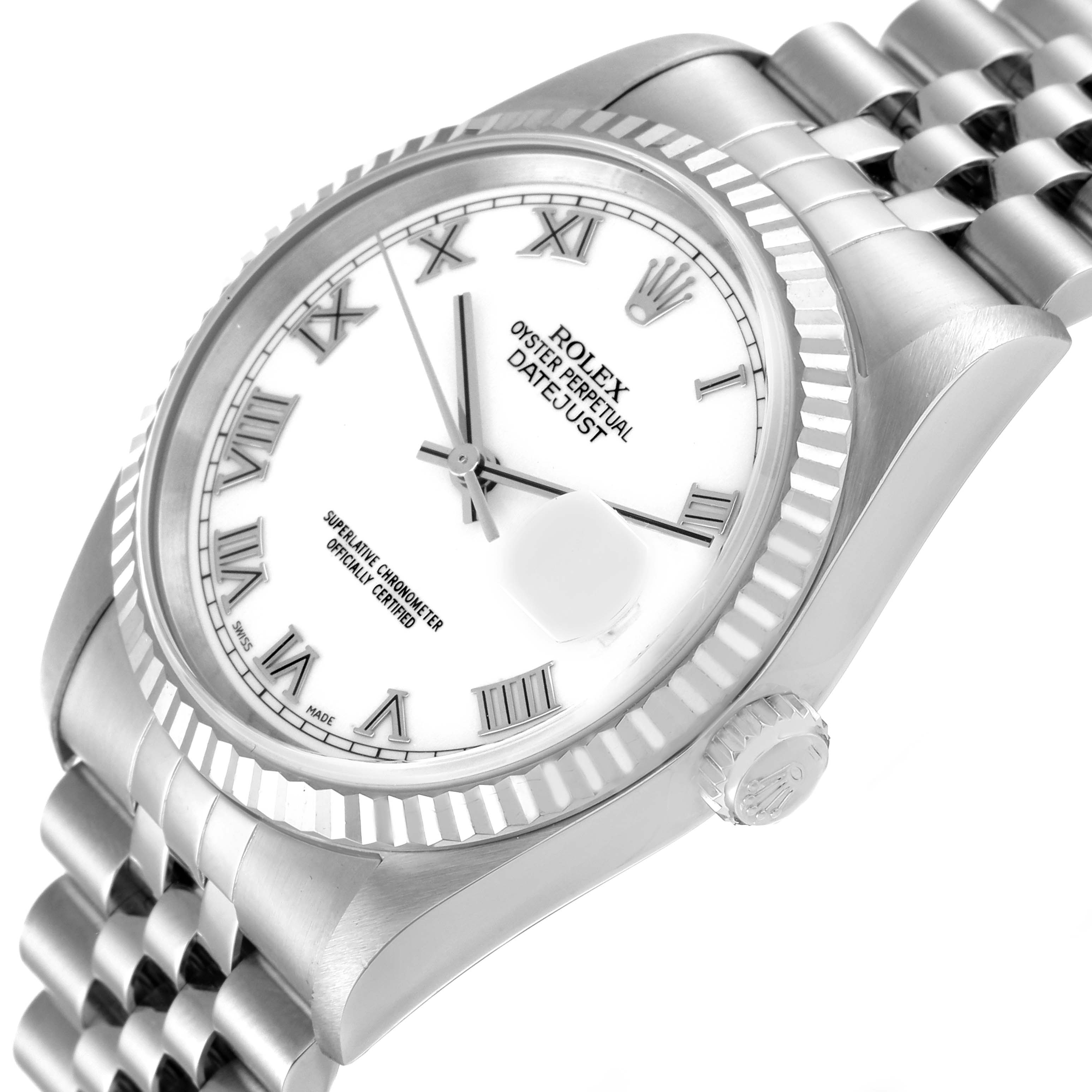 The image shows a close-up, angled view of the Rolex Datejust 16234 Men's Stainless Steel White Dial 16234 Men's Stainless Steel White Dial watch, highlighting its dial, bezel, crown, and part of the bracelet.