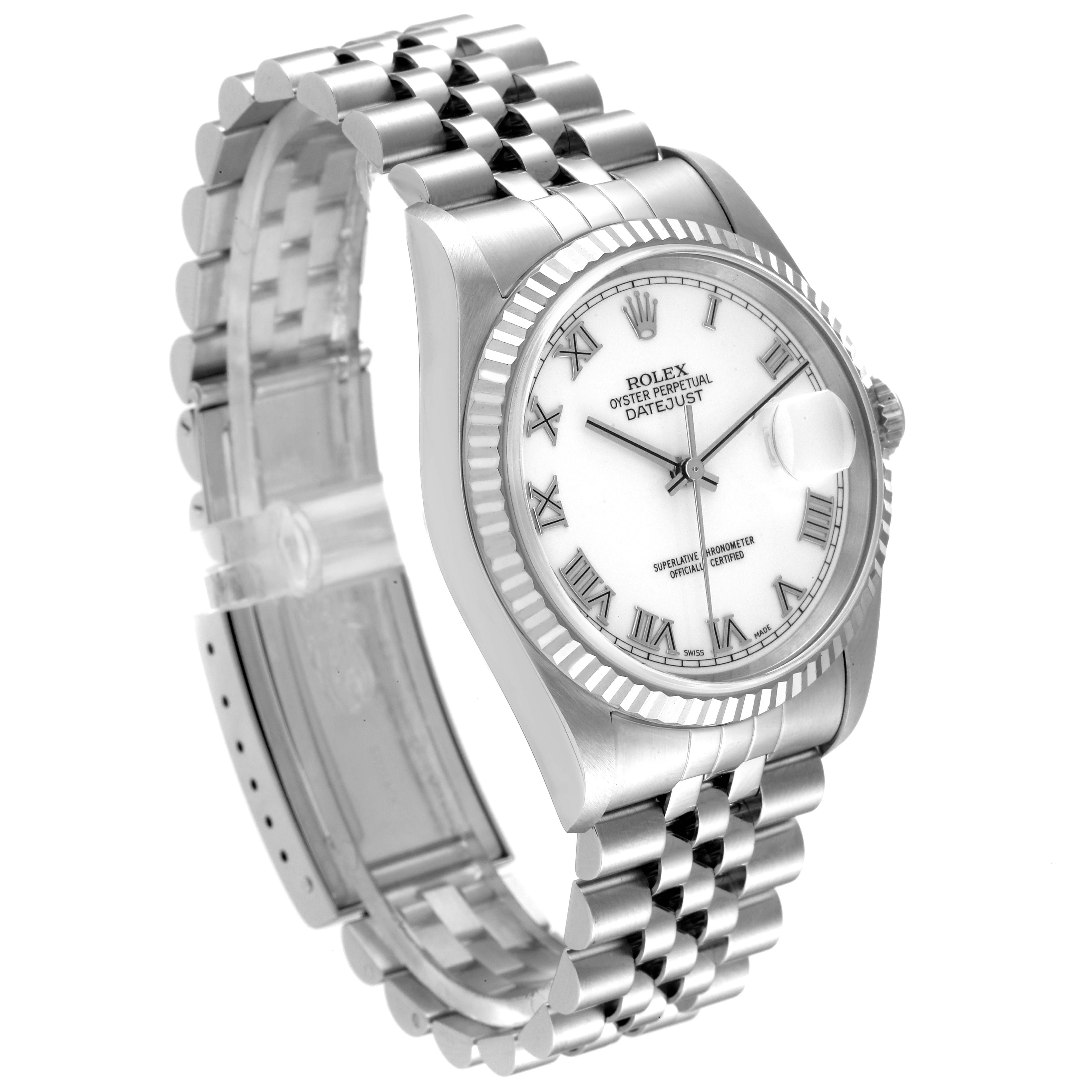 The Rolex Datejust 16234 Men's Stainless Steel White Dial 16234 Men's Stainless Steel White Dial watch is shown at an angle emphasizing the face, bezel, and bracelet.