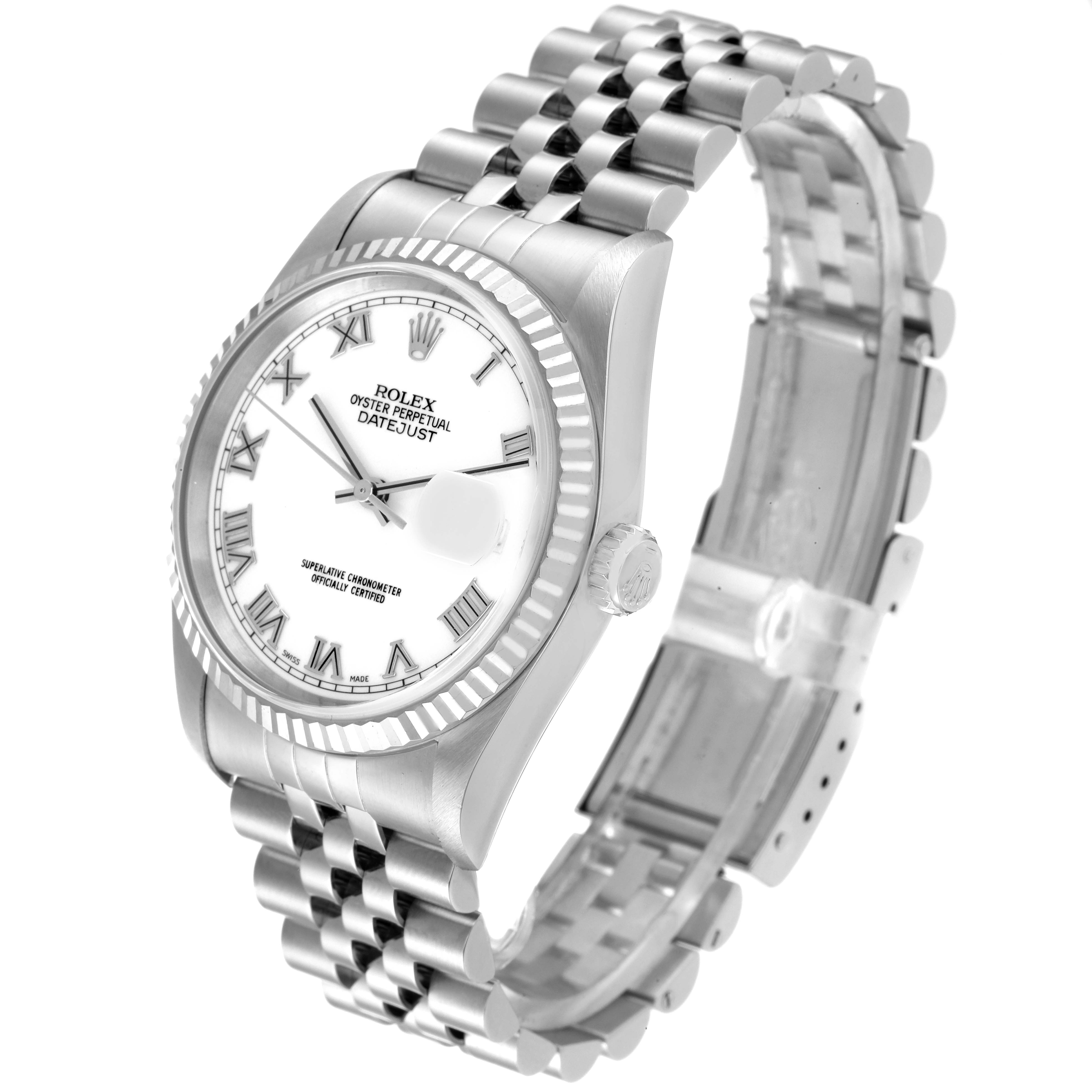 This image shows a Rolex Datejust 16234 Men's Stainless Steel White Dial 16234 Men's Stainless Steel White Dial watch at a three-quarter angle, featuring the face, fluted bezel, crown, and Jubilee bracelet.