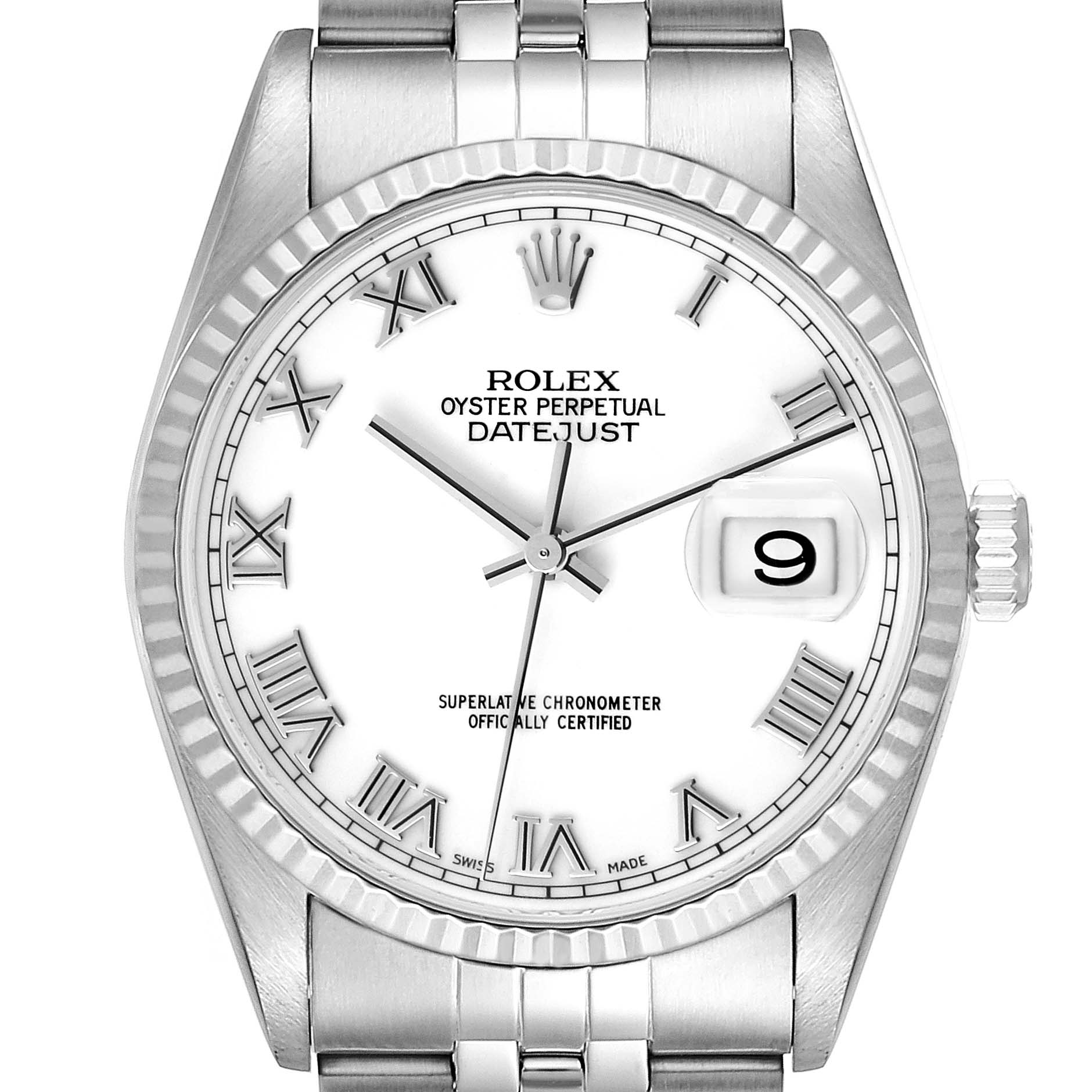This is a front view of the Rolex Datejust 16234 Men's Stainless Steel White Dial 16234 Men's Stainless Steel White Dial watch showcasing its dial, hands, date window, and bracelet.