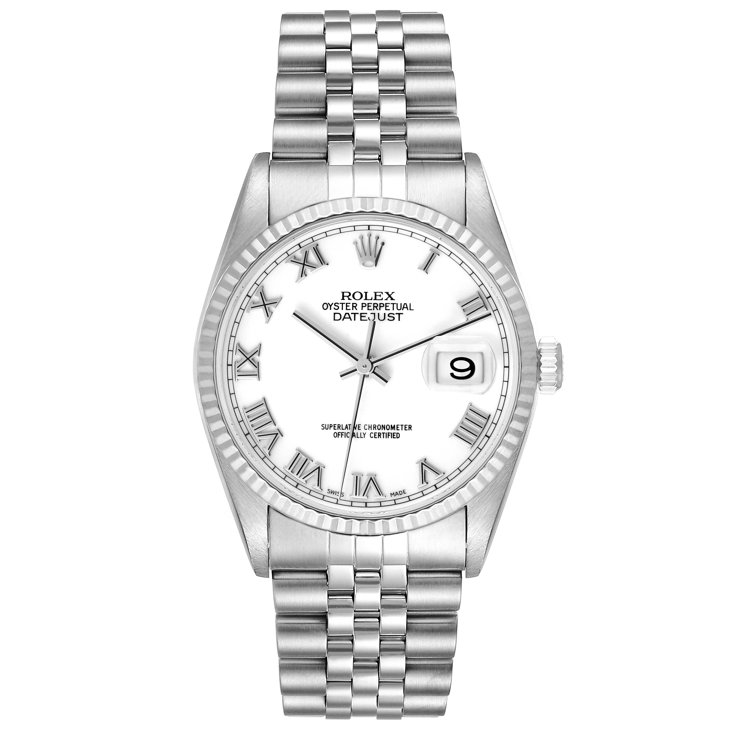 The image shows a front view of a Rolex Datejust 16234 Men's Stainless Steel White Dial 16234 Men's Stainless Steel White Dial watch featuring a white dial with Roman numerals and a Jubilee bracelet.
