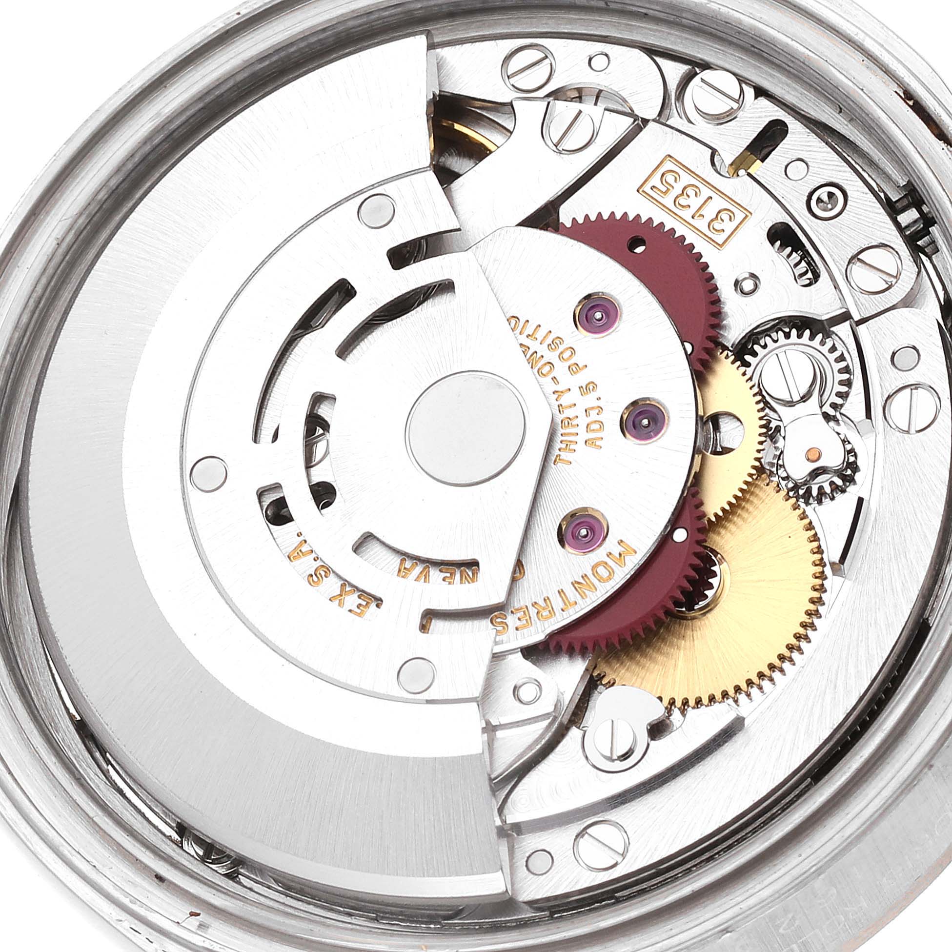 The image shows the intricate internal mechanism and components of a Rolex Datejust 16234 Men's Stainless Steel White Dial 16234 Men's Stainless Steel White Dial watch from a top-down angle.
