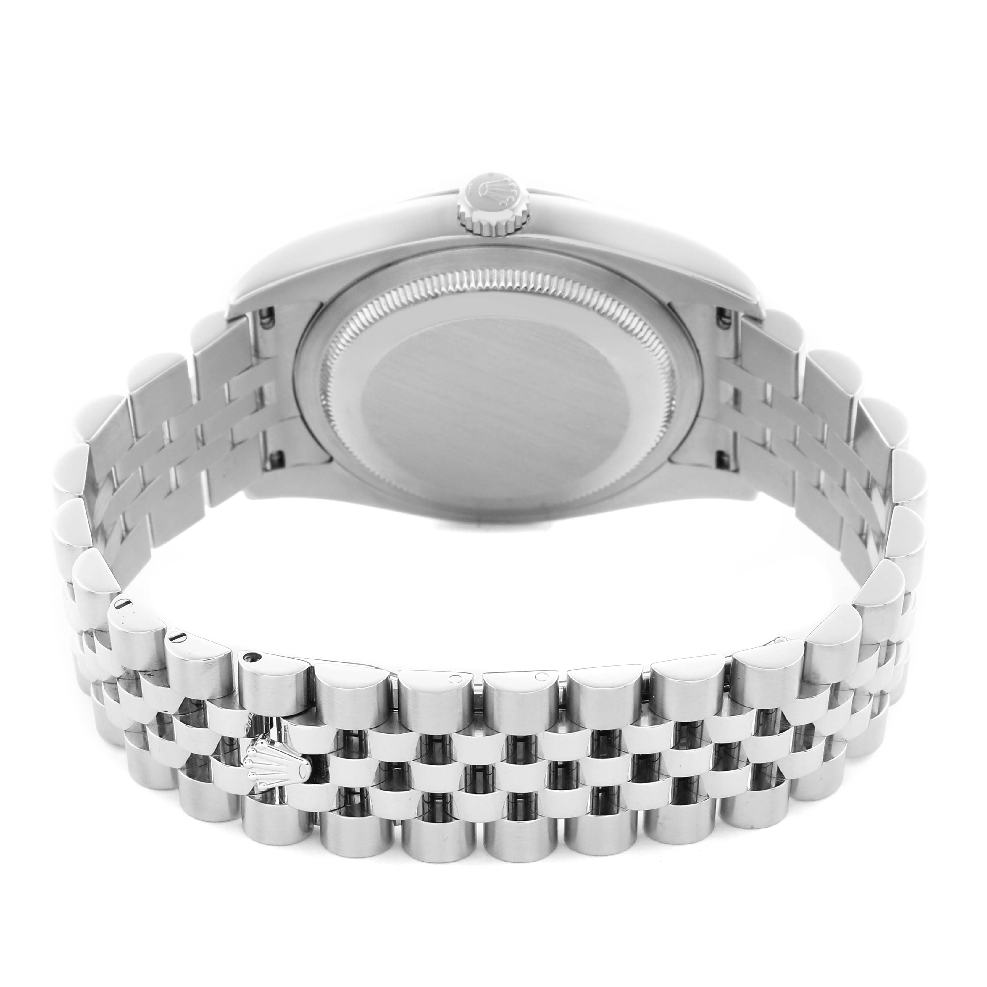 The image shows the back and bracelet of a Rolex Datejust 116234 Men's Stainless Steel White Dial 116234 Men's Stainless Steel White Dial watch from a rear angle, highlighting the case back and Jubilee bracelet.