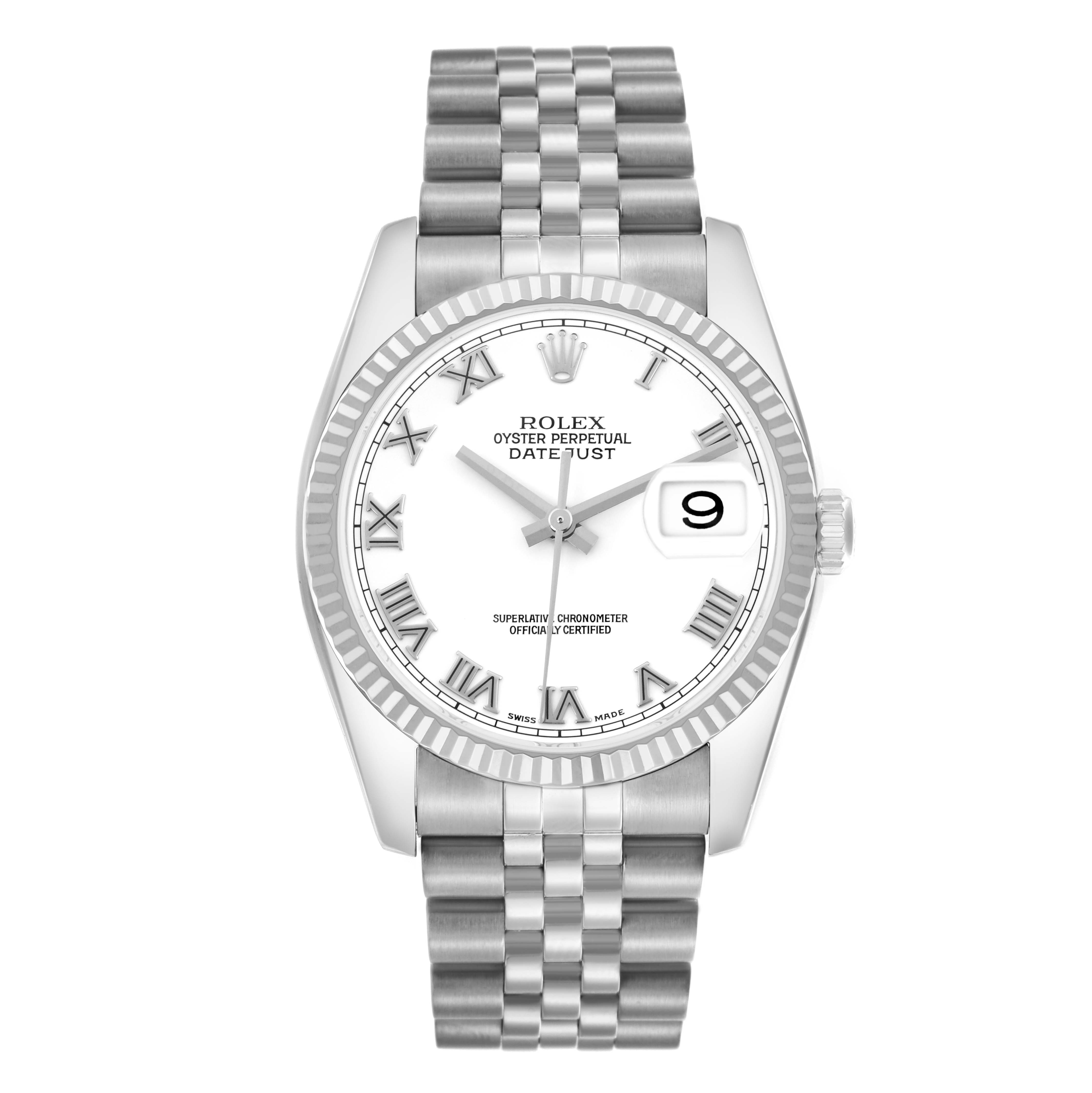 The image shows a frontal view of the Rolex Datejust 116234 Men's Stainless Steel White Dial 116234 Men's Stainless Steel White Dial watch, displaying the dial, bezel, hands, crown, and bracelet.