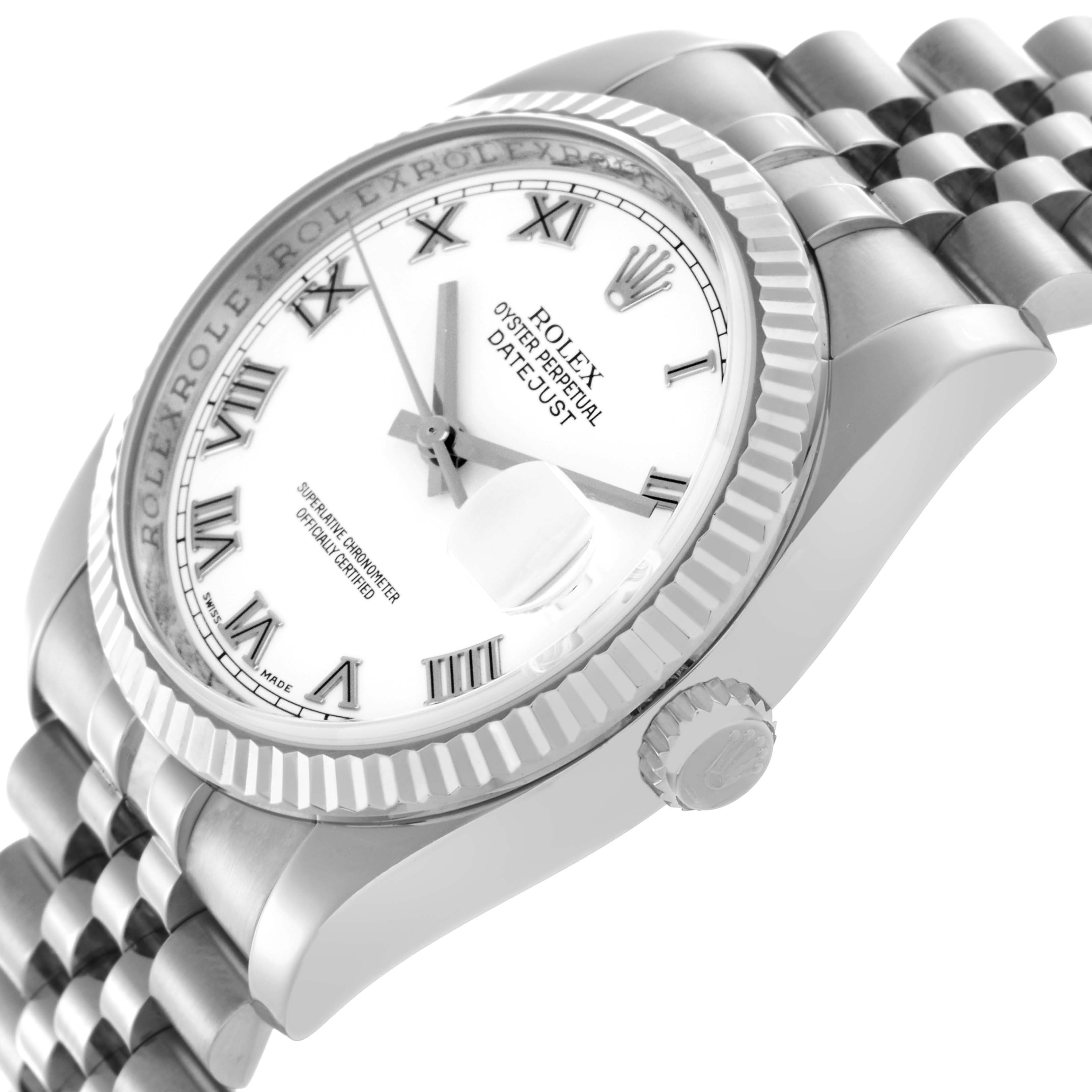 The Rolex Datejust 116234 Men's Stainless Steel White Dial 116234 Men's Stainless Steel White Dial watch is shown at an angle highlighting the face, bezel, and part of the bracelet.