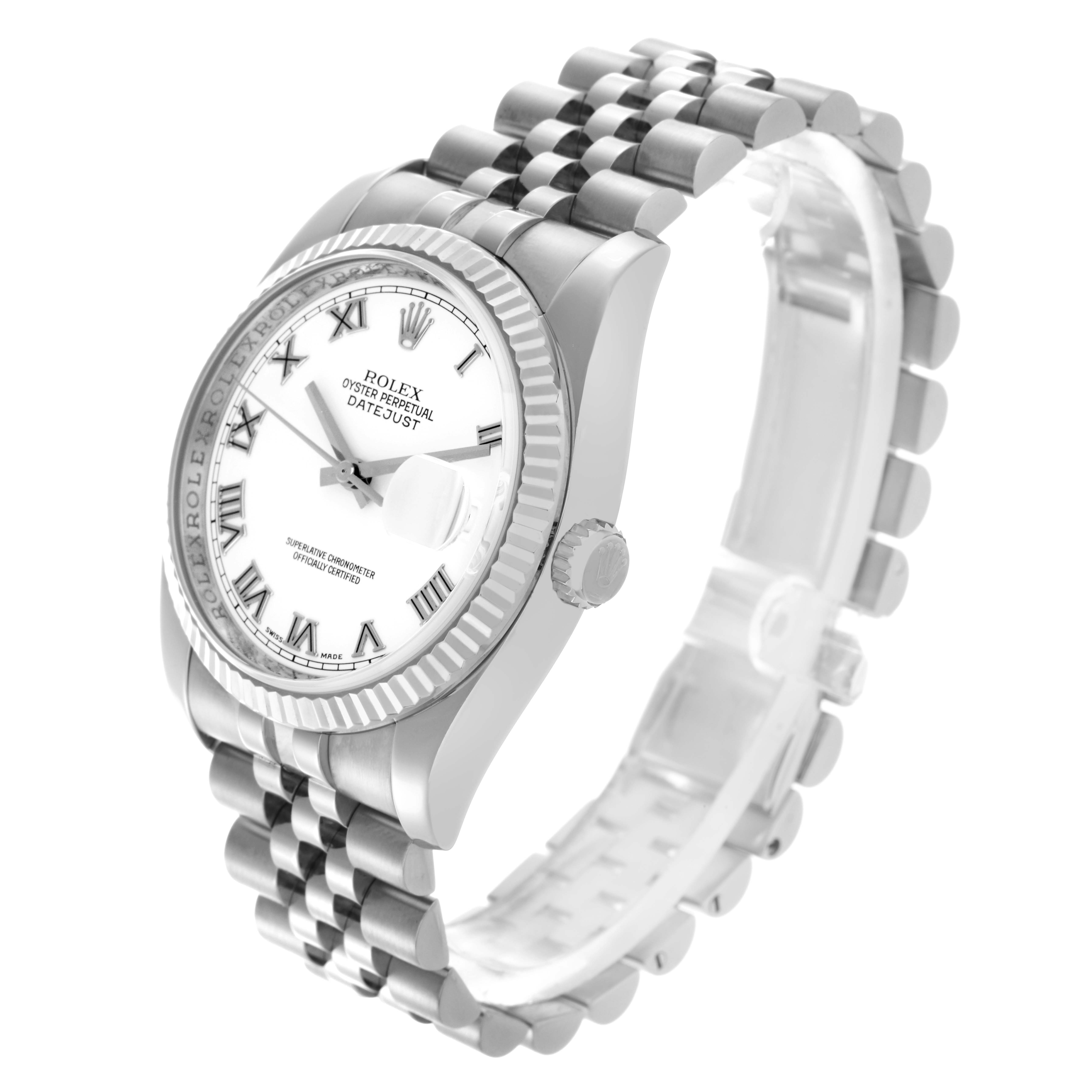 The Rolex Datejust 116234 Men's Stainless Steel White Dial 116234 Men's Stainless Steel White Dial watch is shown at a slight angle, displaying its face, bezel, crown, and part of the bracelet.