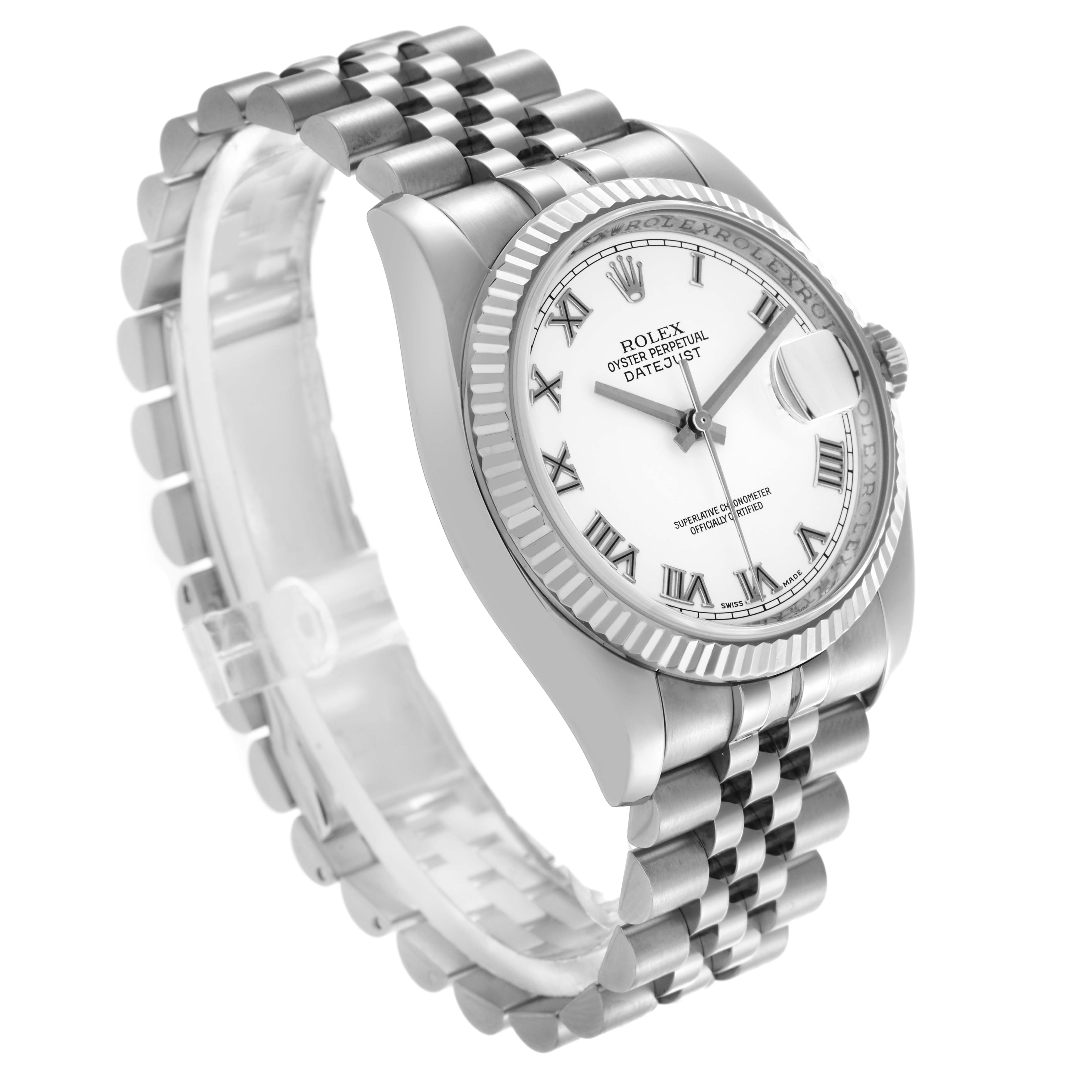 The Rolex Datejust 116234 Men's Stainless Steel White Dial 116234 Men's Stainless Steel White Dial watch is shown at a three-quarter angle, highlighting its fluted bezel, Jubilee bracelet, and white dial with Roman numerals.