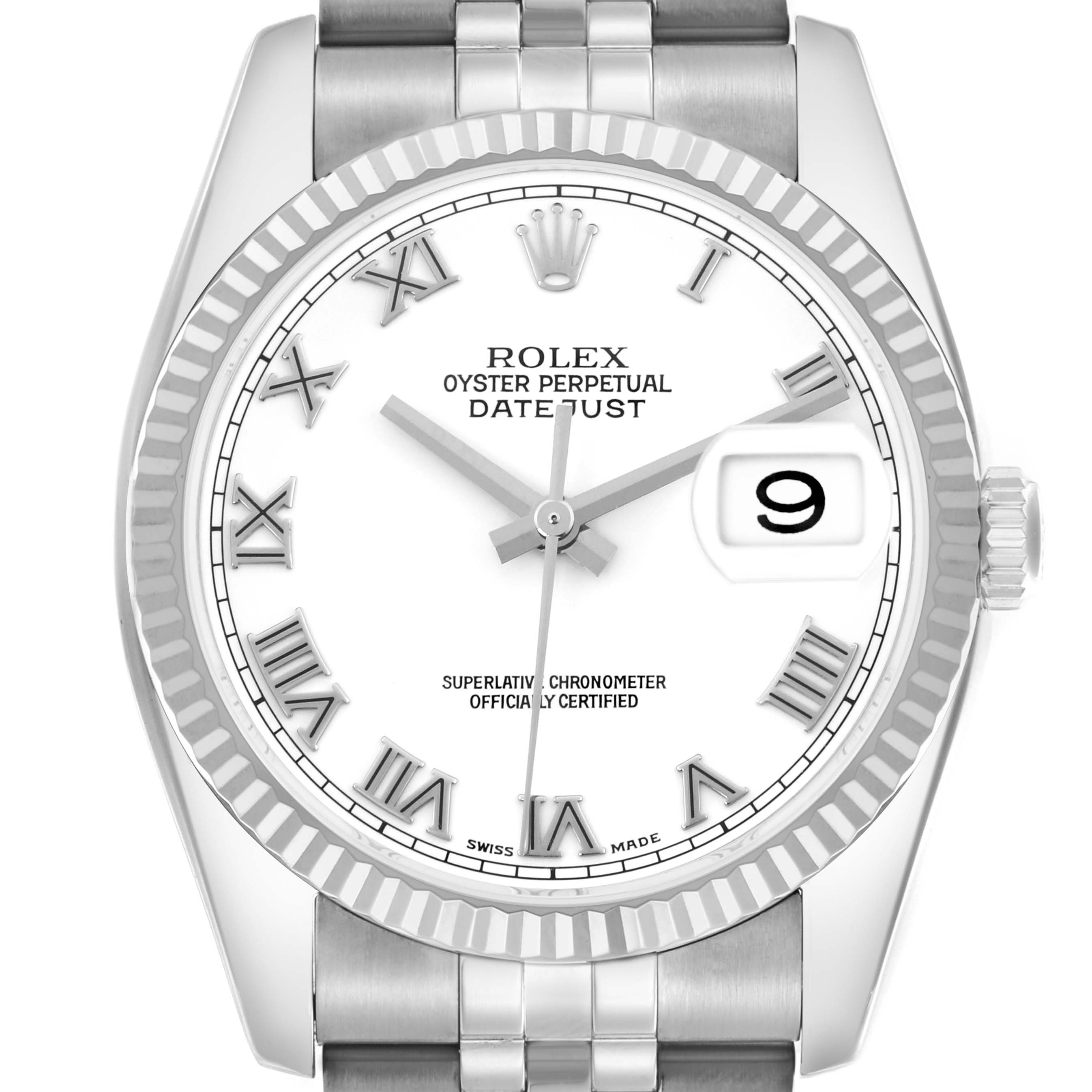 The image shows a front view of the Rolex Datejust 116234 Men's Stainless Steel White Dial 116234 Men's Stainless Steel White Dial, highlighting the dial, bezel, crown, and part of the bracelet.