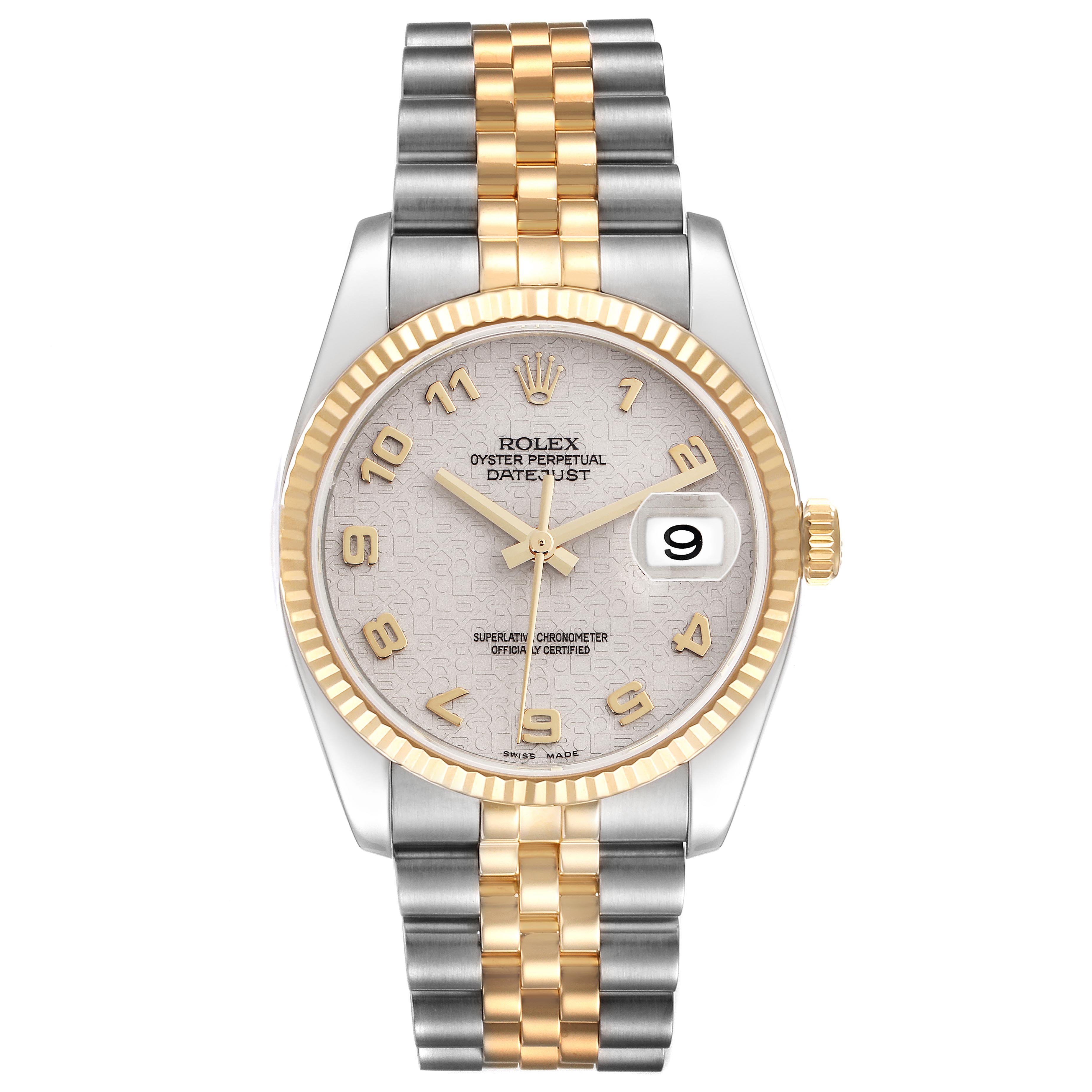 The Rolex Datejust 116233 Men's Steel and Gold (two tone) Beige Dial 116233 Men's Steel and Gold (two tone) Beige Dial is shown from a front angle, displaying the face, bezel, and bracelet clearly.