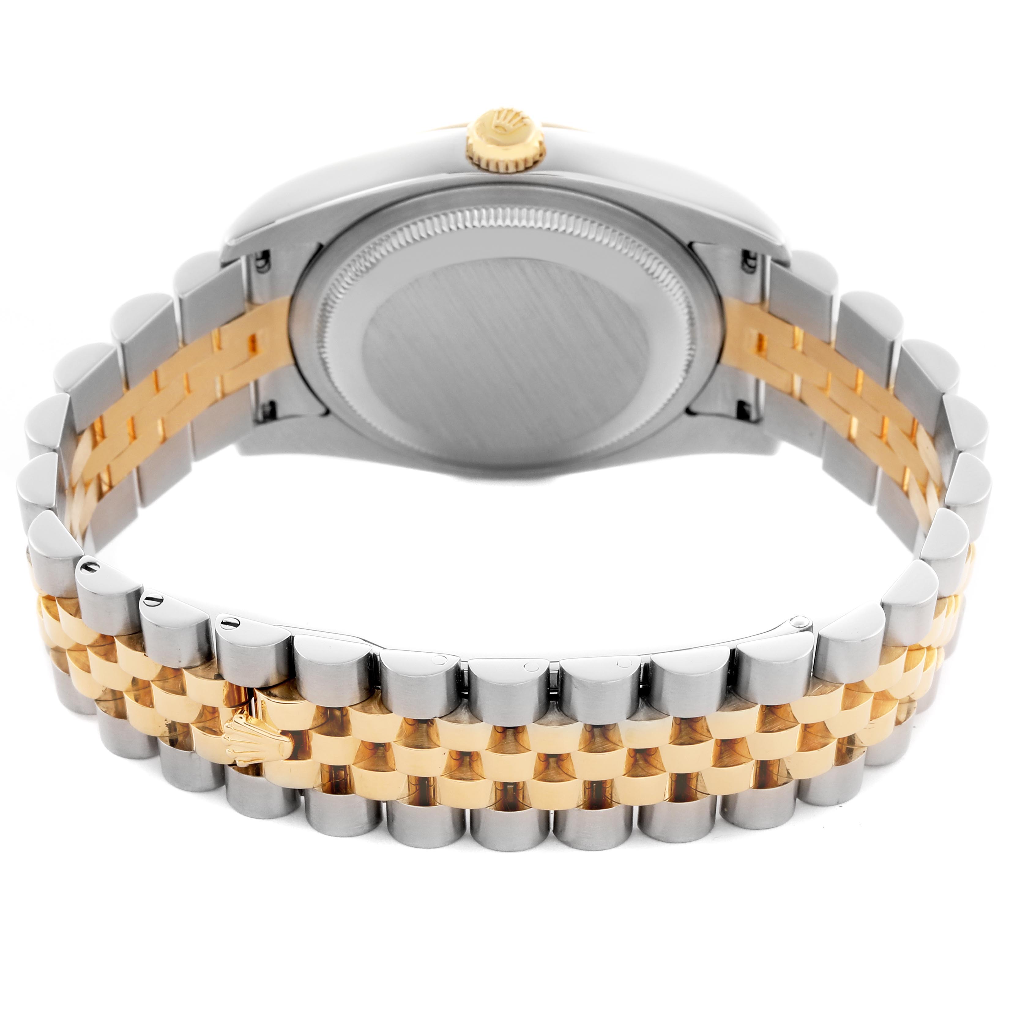 The image shows the back case and bracelet of a Rolex Datejust 116233 Men's Steel and Gold (two tone) Beige Dial 116233 Men's Steel and Gold (two tone) Beige Dial, highlighting the Jubilee band in gold and silver.