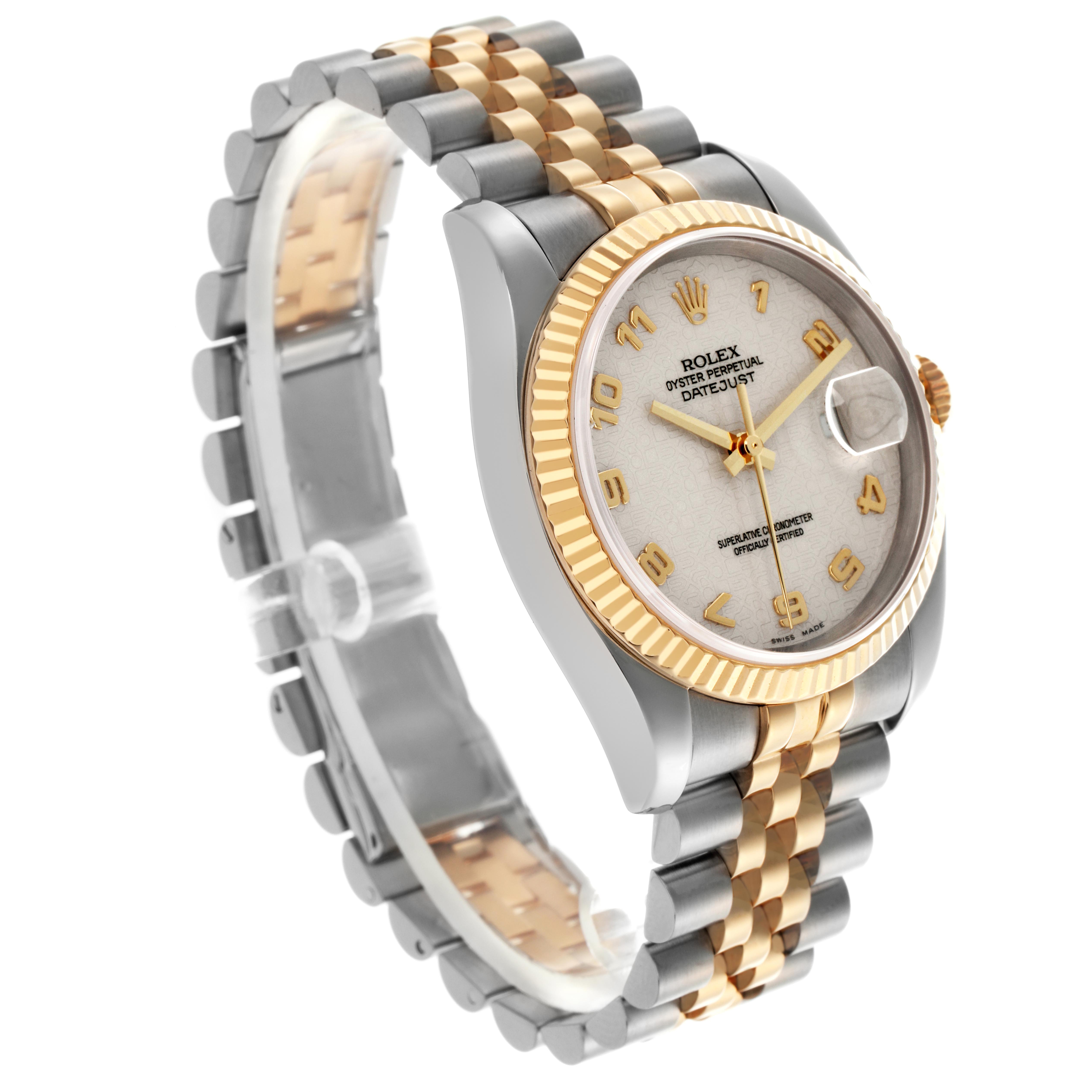 The Rolex Datejust 116233 Men's Steel and Gold (two tone) Beige Dial 116233 Men's Steel and Gold (two tone) Beige Dial watch is shown at a three-quarter angle, highlighting the gold bezel, silver dial, and two-tone bracelet.
