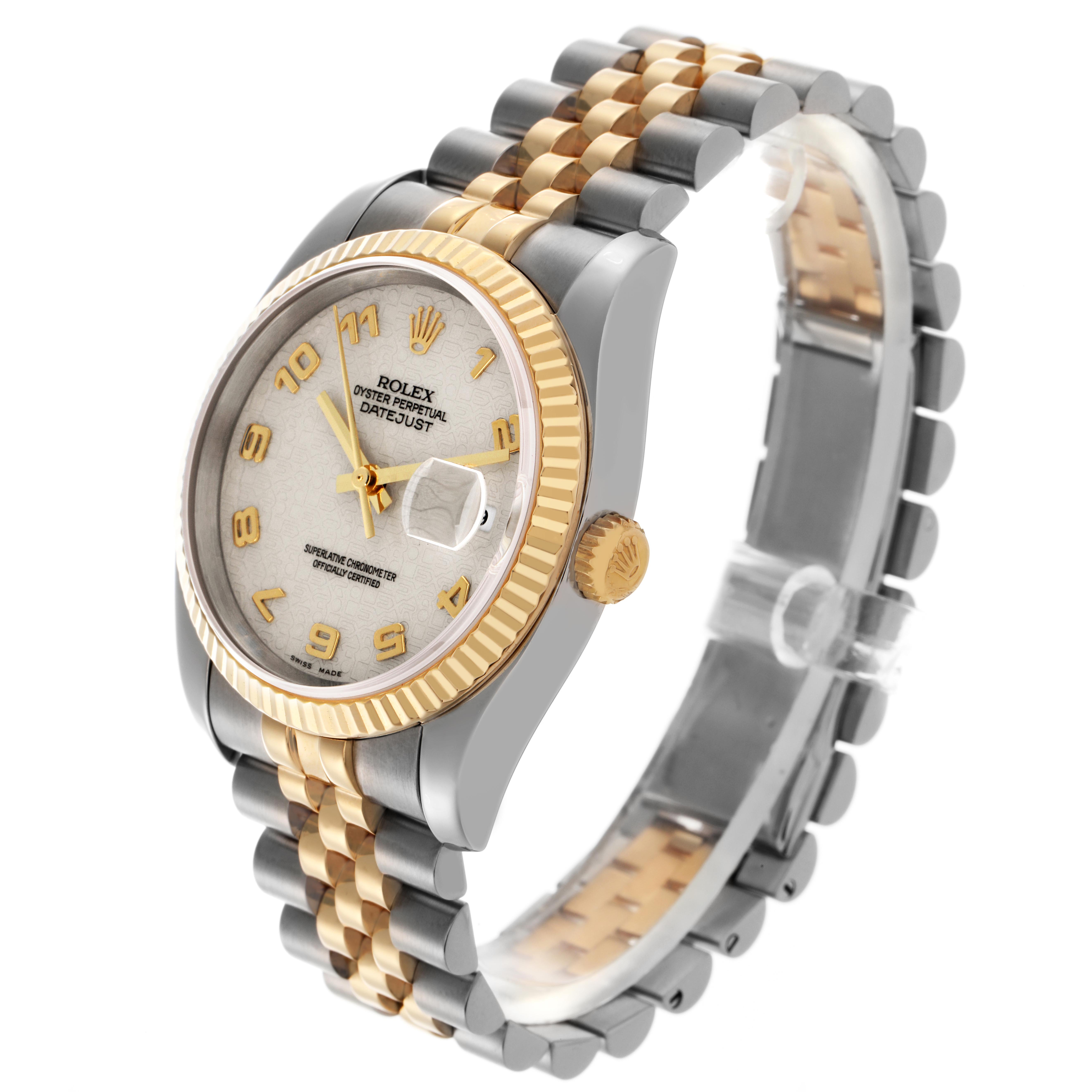 The Rolex Datejust 116233 Men's Steel and Gold (two tone) Beige Dial 116233 Men's Steel and Gold (two tone) Beige Dial watch is shown at a three-quarter angle, highlighting the face, bezel, crown, and Jubilee bracelet.