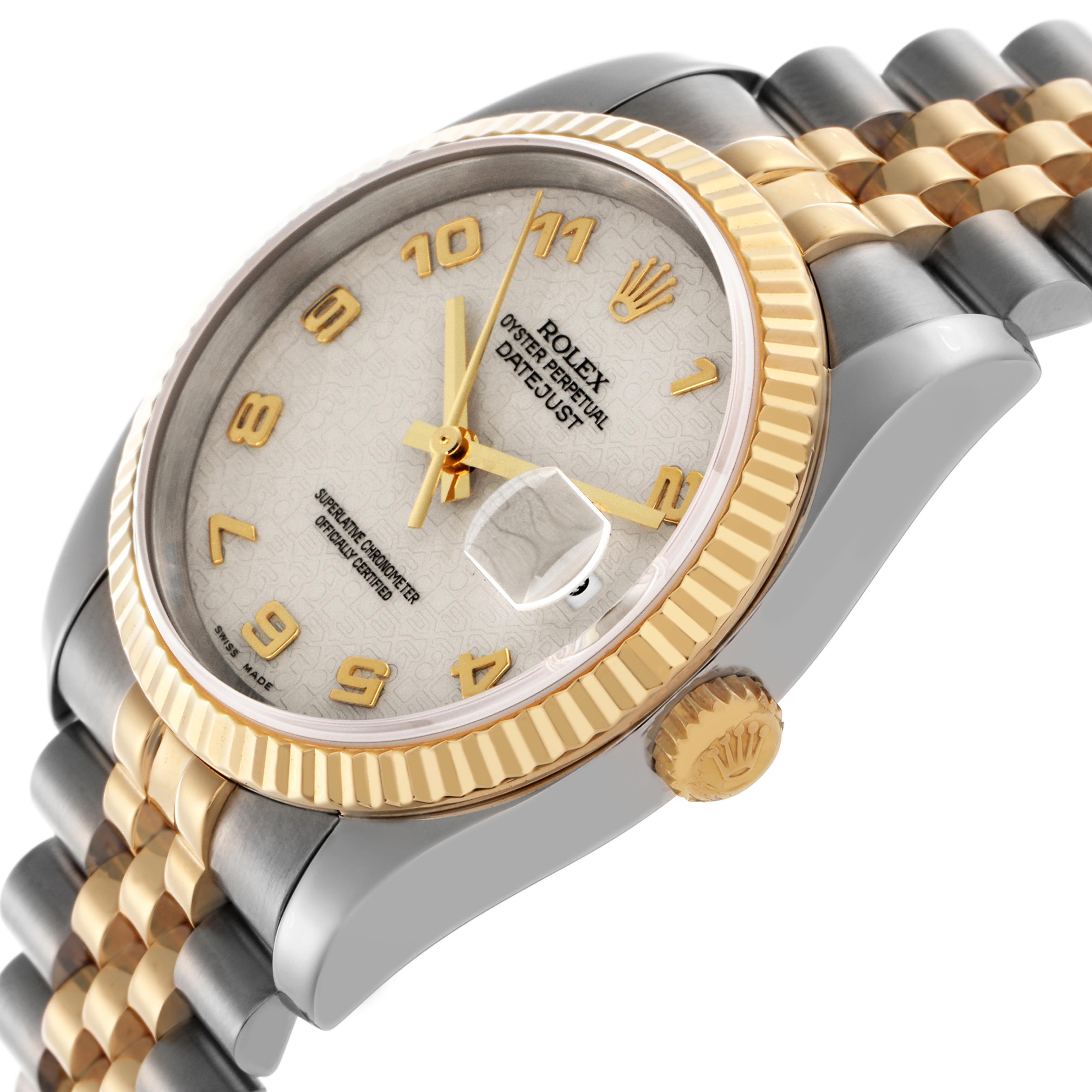 The Rolex Datejust 116233 Men's Steel and Gold (two tone) Beige Dial 116233 Men's Steel and Gold (two tone) Beige Dial watch is shown from a side angle, highlighting its gold bezel, crown, and two-tone bracelet.