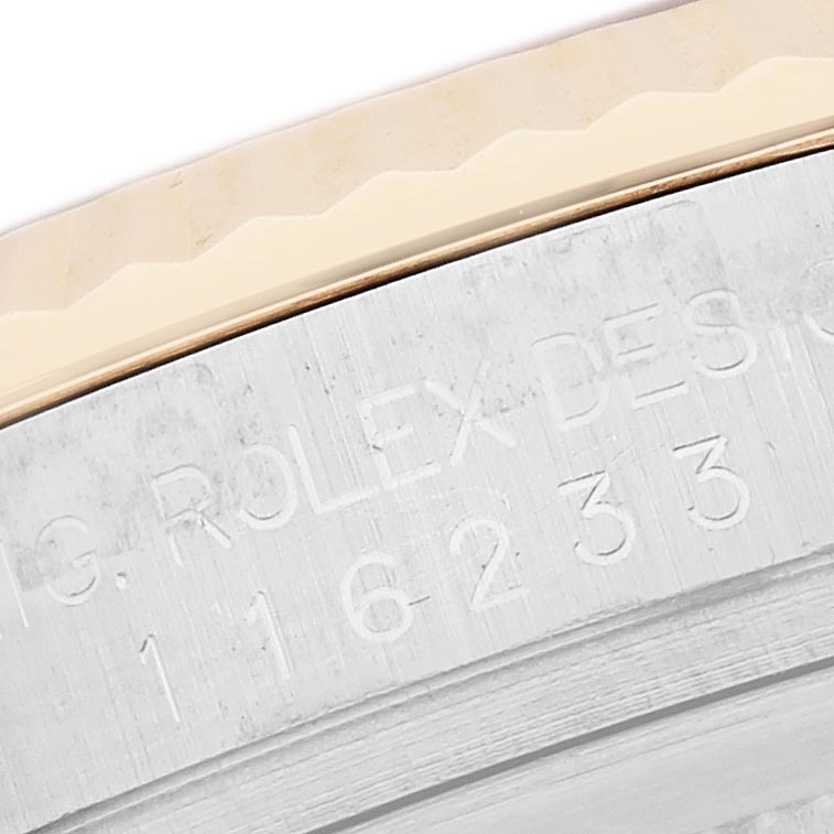 The image shows a close-up of the case side of a Rolex Datejust 116233 Men's Steel and Gold (two tone) Beige Dial 116233 Men's Steel and Gold (two tone) Beige Dial, highlighting the model number engraving.