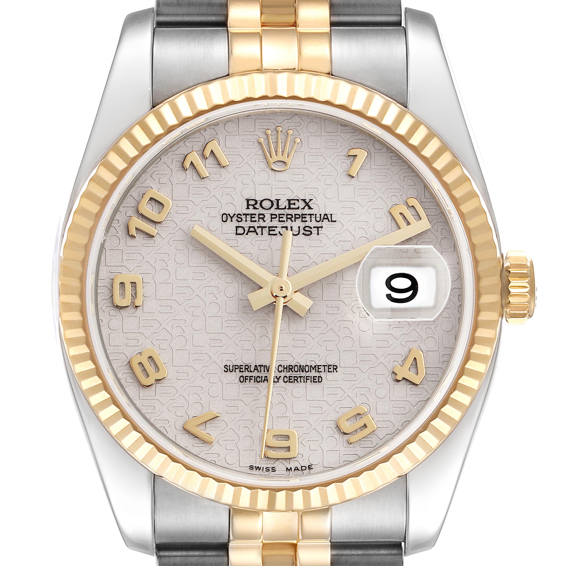 The Rolex Datejust 116233 Men's Steel and Gold (two tone) Beige Dial 116233 Men's Steel and Gold (two tone) Beige Dial watch is shown from the front, featuring the dial, bezel, and part of the bracelet.