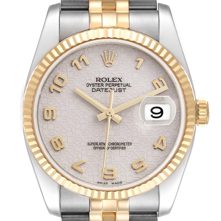 The Rolex Datejust watch is shown from the front, featuring the dial, bezel, and part of the bracelet.