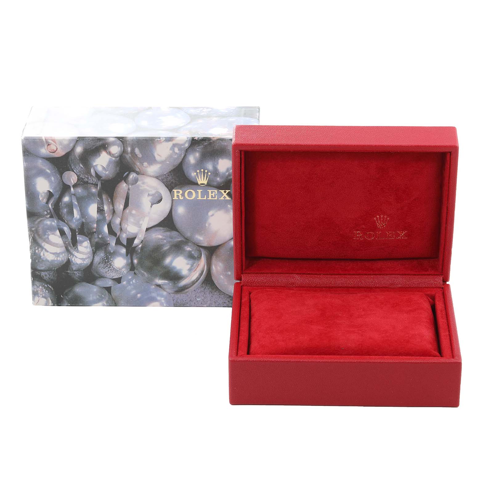 This image shows a red Rolex Datejust 79173 Women's Steel and Gold (two tone) Champagne Dial 79173 Women's Steel and Gold (two tone) Champagne Dial watch box with a pillow and an outer packaging box.