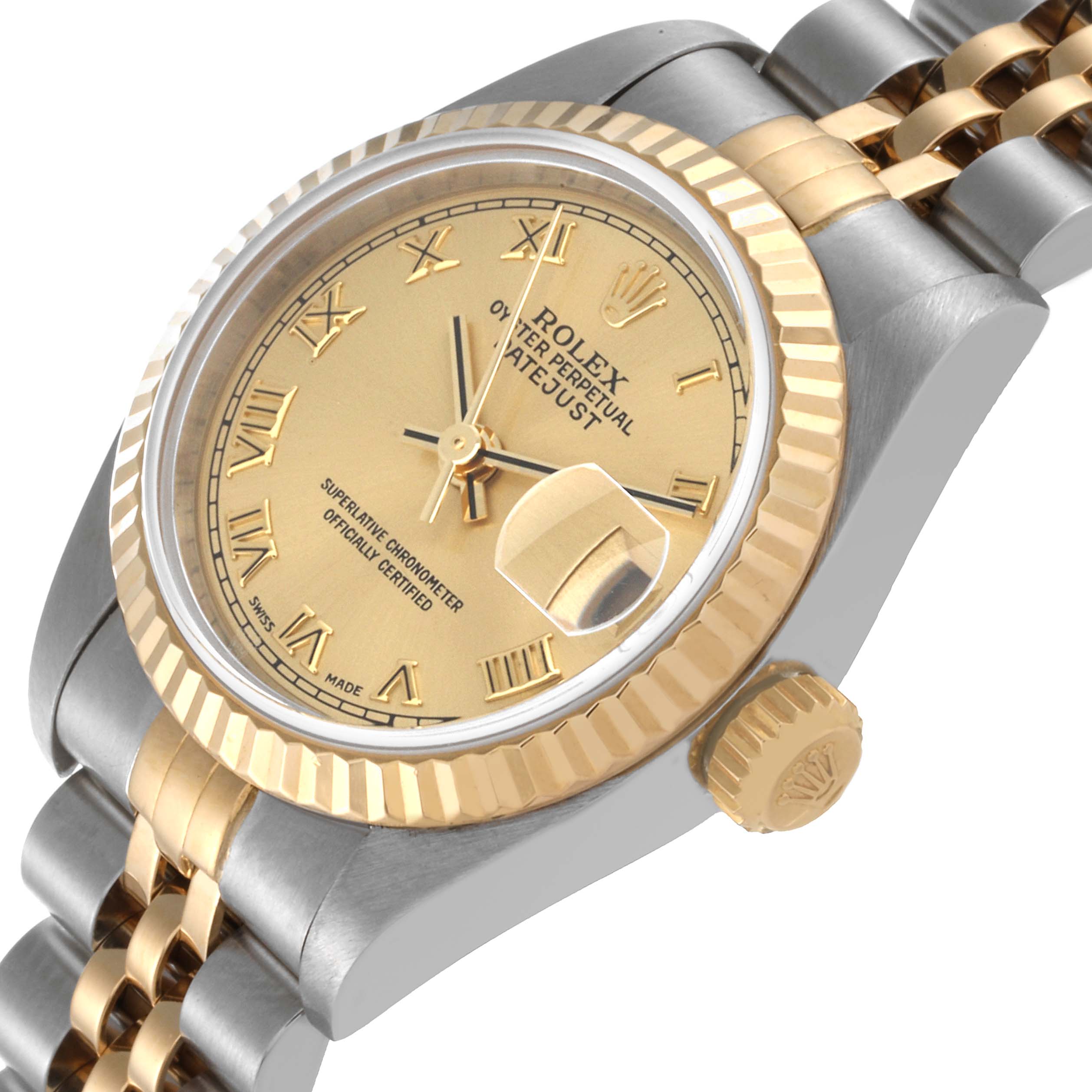 The image shows a close-up angled view of the Rolex Datejust 79173 Women's Steel and Gold (two tone) Champagne Dial 79173 Women's Steel and Gold (two tone) Champagne Dial watch, highlighting the bezel, dial, crown, and part of the bracelet.