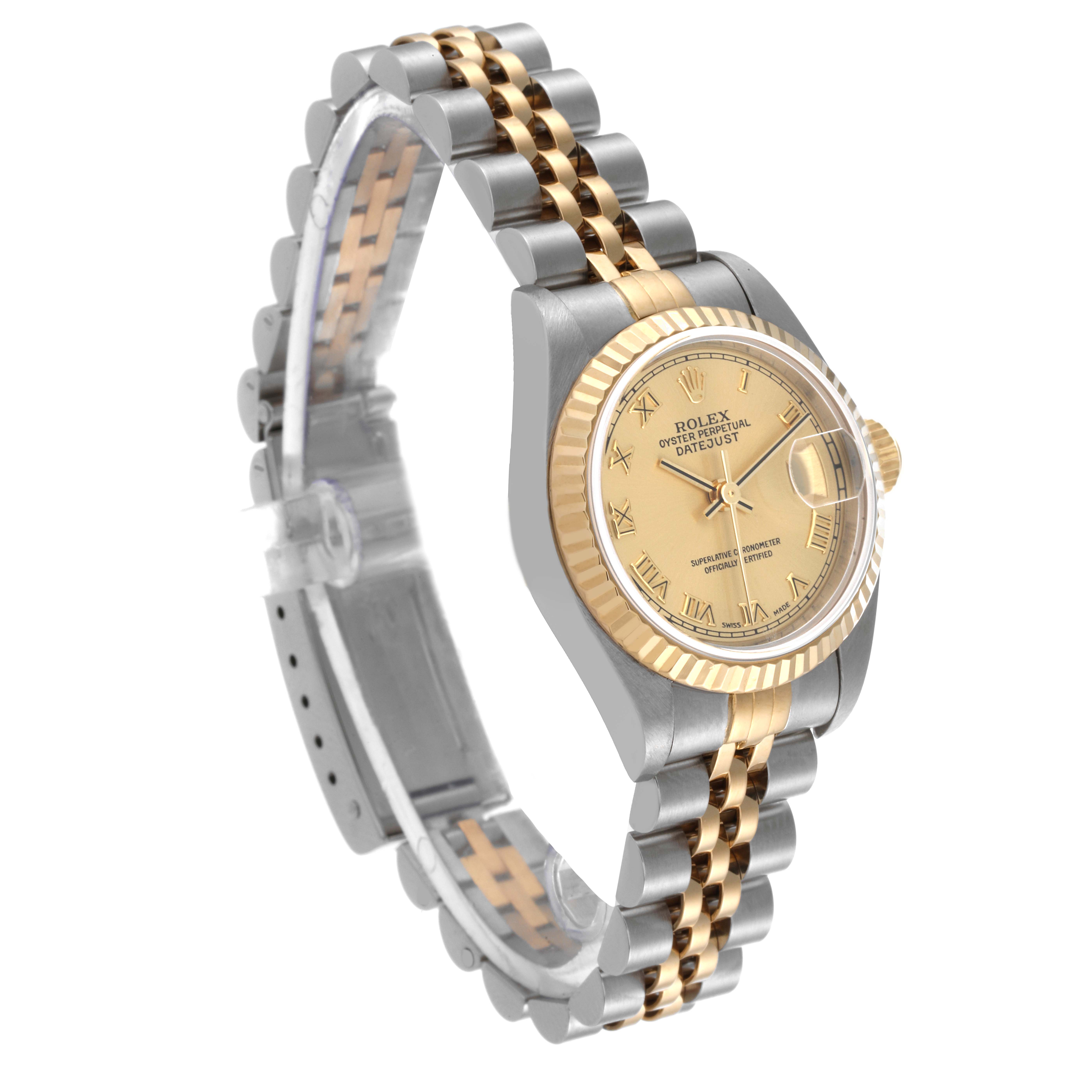 This image shows a Rolex Datejust 79173 Women's Steel and Gold (two tone) Champagne Dial 79173 Women's Steel and Gold (two tone) Champagne Dial watch from an angled side view, highlighting the bezel, dial, and two-tone bracelet.