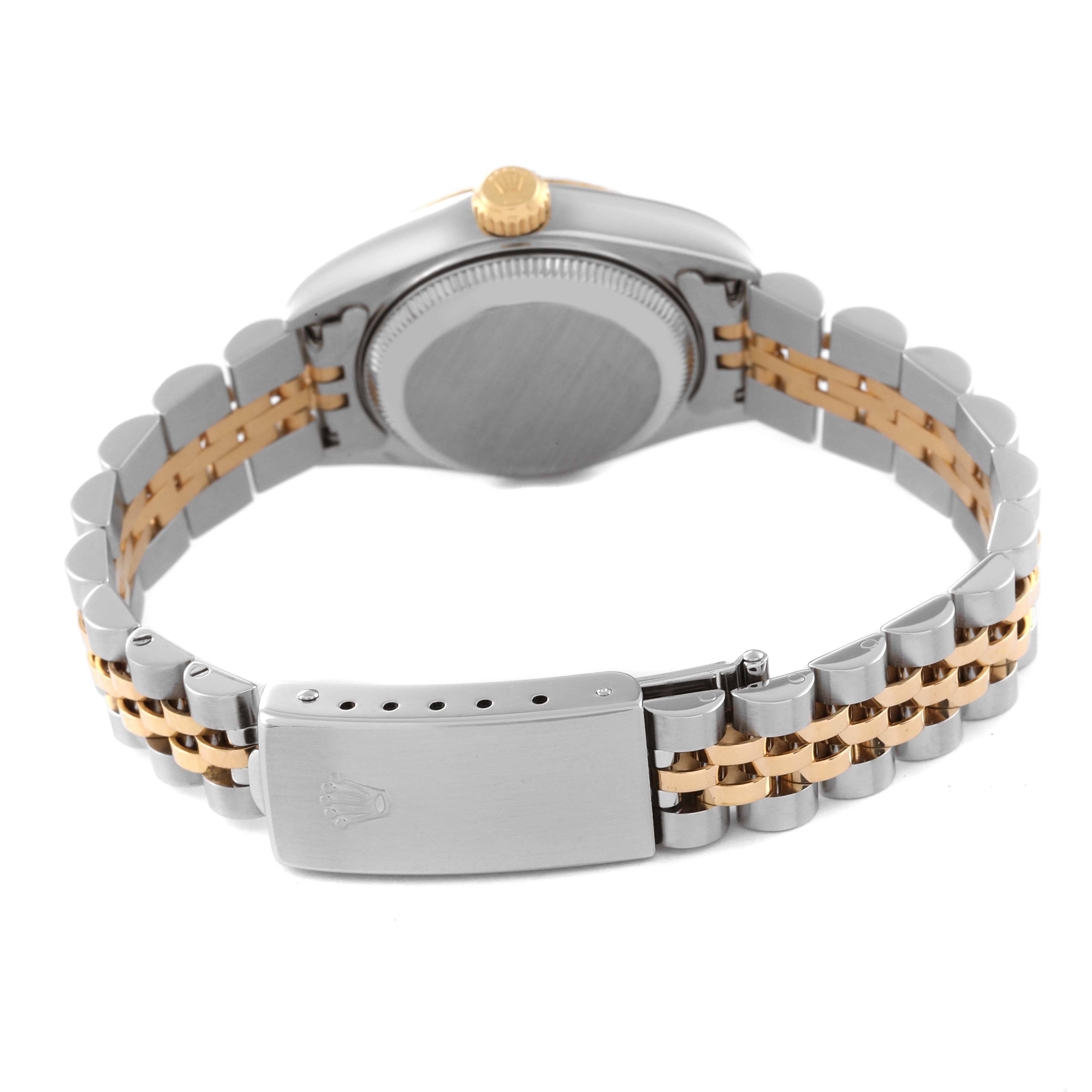 This image shows the back of a Rolex Datejust 79173 Women's Steel and Gold (two tone) Champagne Dial 79173 Women's Steel and Gold (two tone) Champagne Dial watch, highlighting the case, crown, and Jubilee bracelet with a clasp.