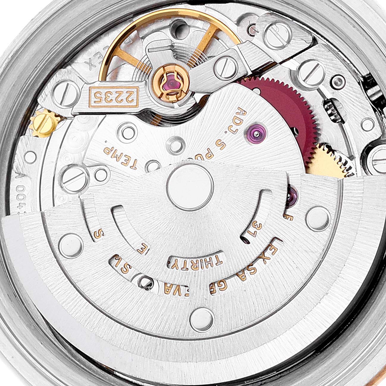 This is an image of the internal mechanism of a Rolex Datejust 79173 Women's Steel and Gold (two tone) Champagne Dial 79173 Women's Steel and Gold (two tone) Champagne Dial watch, showing the intricate parts of its movement.