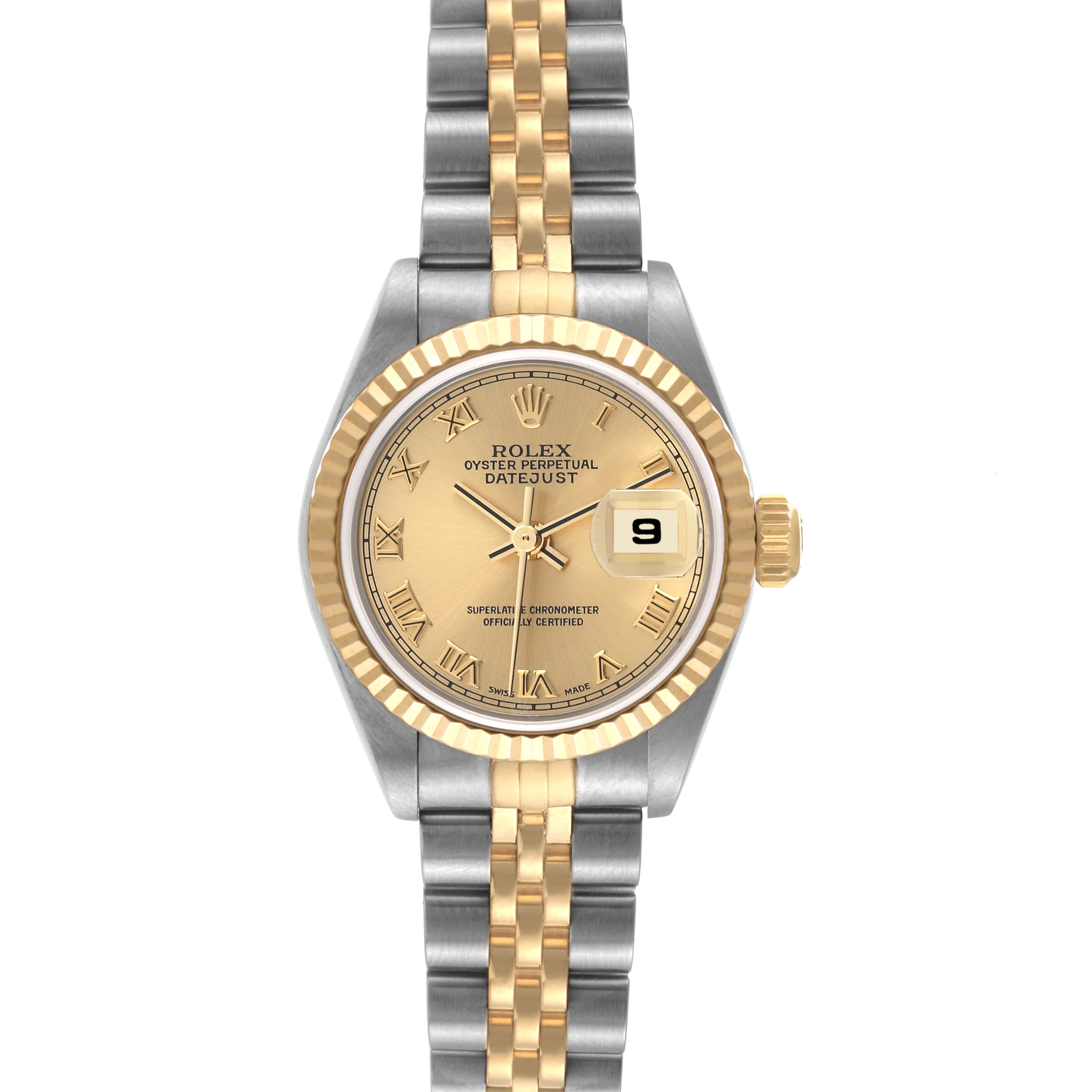 This image shows a frontal view of the Rolex Datejust 79173 Women's Steel and Gold (two tone) Champagne Dial 79173 Women's Steel and Gold (two tone) Champagne Dial, featuring the face, dial, case, crown, and bracelet.