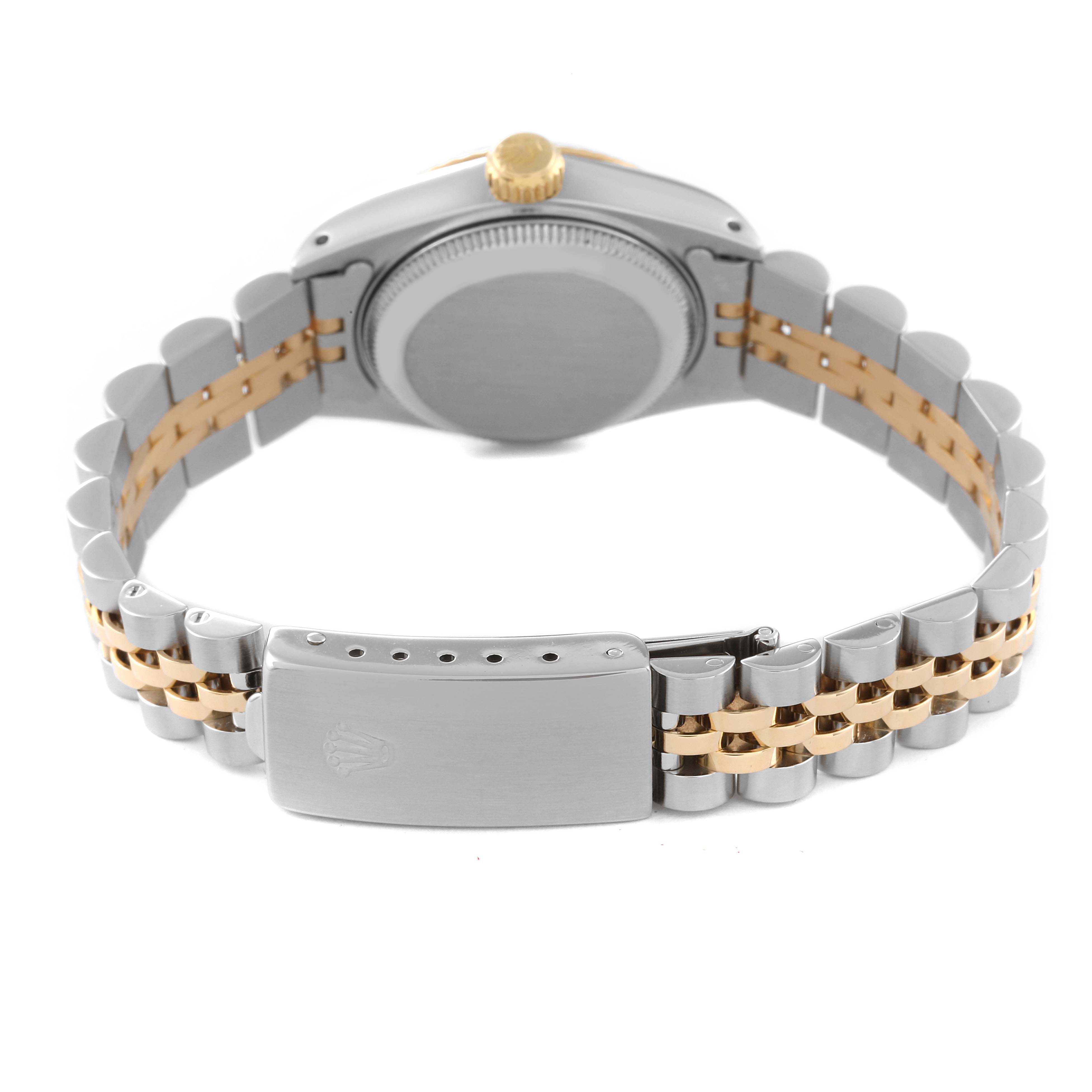 This Rolex Datejust 69173 Women's Steel and Gold (two tone) Champagne Dial 69173 Women's Steel and Gold (two tone) Champagne Dial watch is shown from the back, highlighting the clasp, bracelet, and caseback in a two-tone finish.