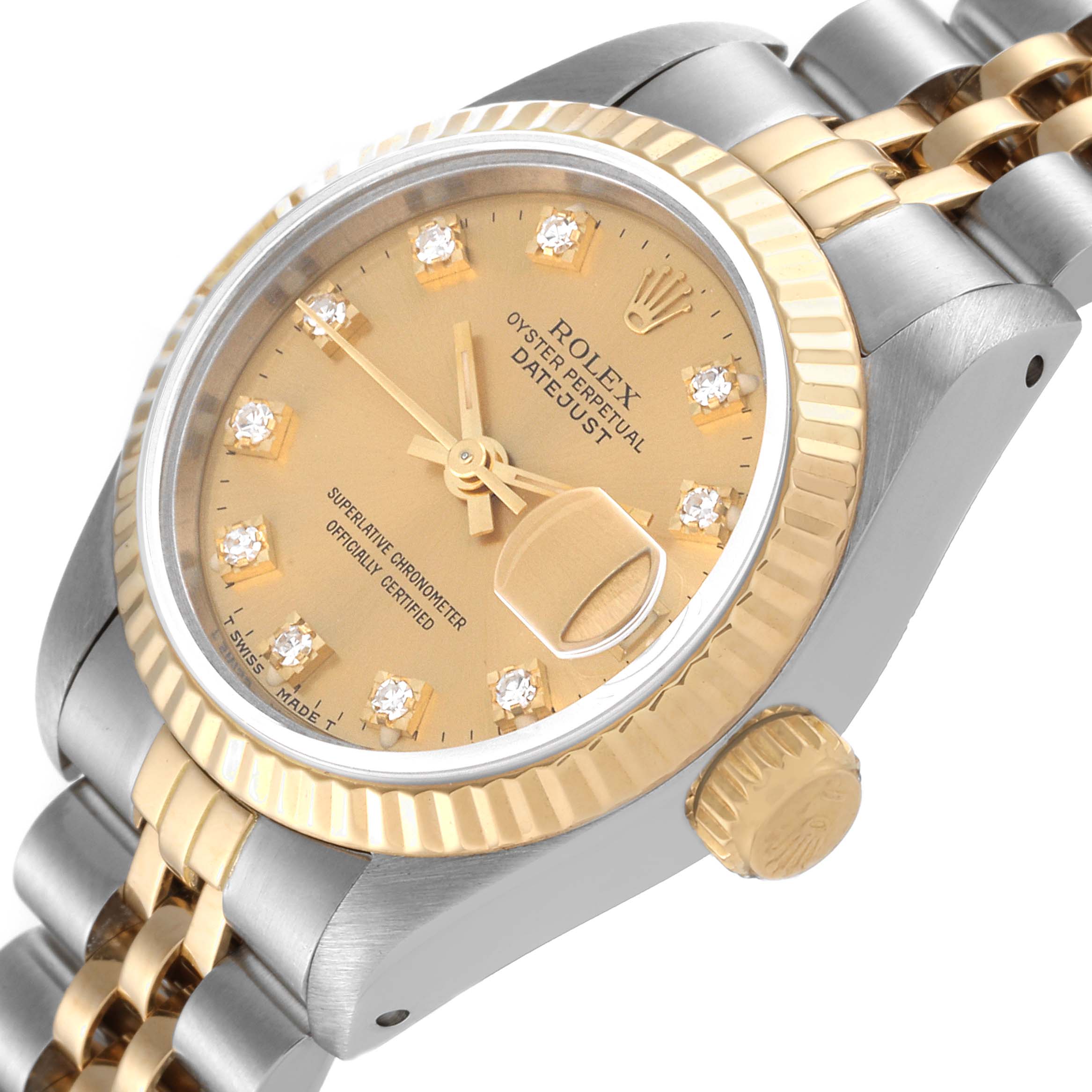 This image of a Rolex Datejust 69173 Women's Steel and Gold (two tone) Champagne Dial 69173 Women's Steel and Gold (two tone) Champagne Dial watch shows a close-up angled view of the dial, bezel, and part of the bracelet.