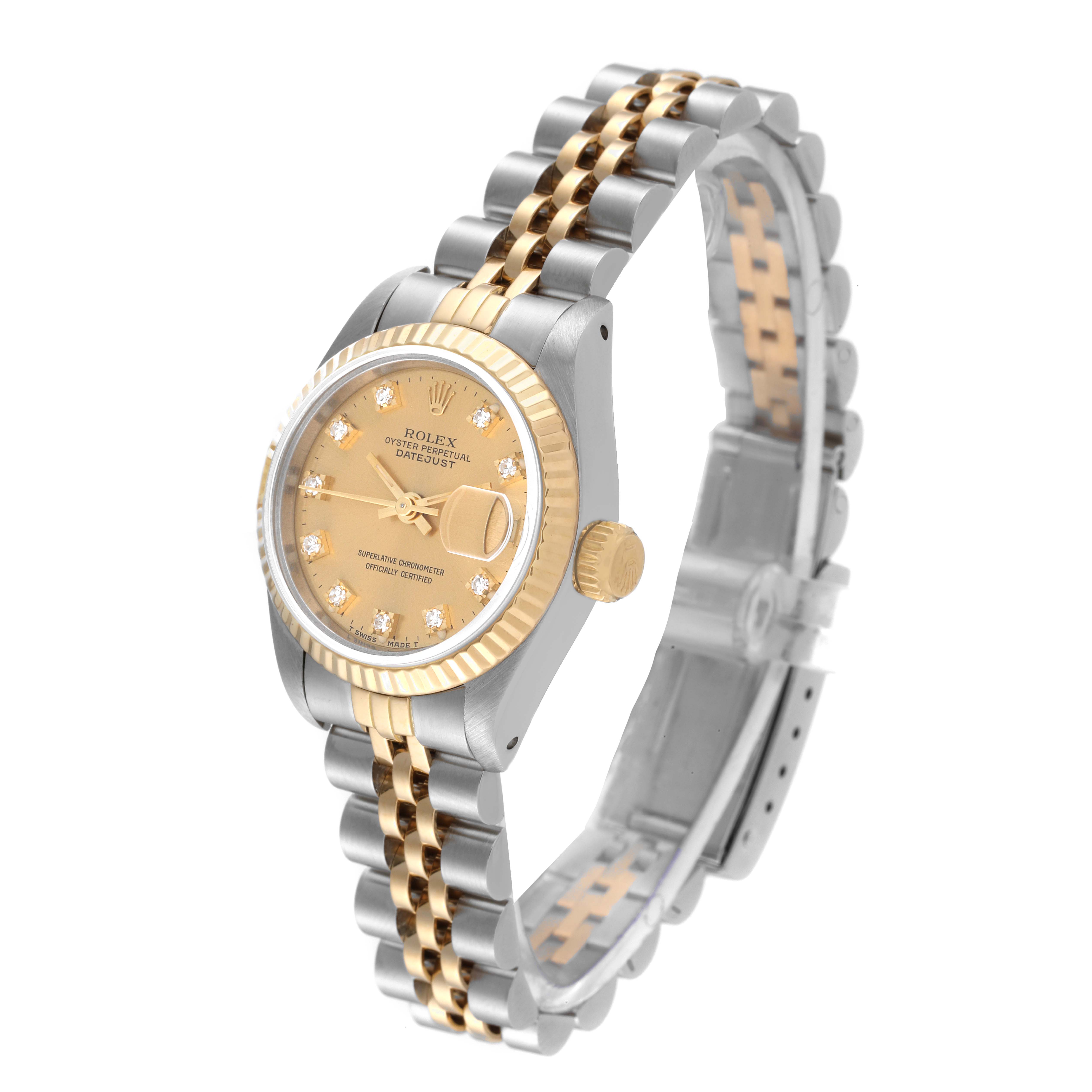This image shows a Rolex Datejust 69173 Women's Steel and Gold (two tone) Champagne Dial 69173 Women's Steel and Gold (two tone) Champagne Dial watch at an oblique angle displaying the dial, bezel, and two-tone bracelet.