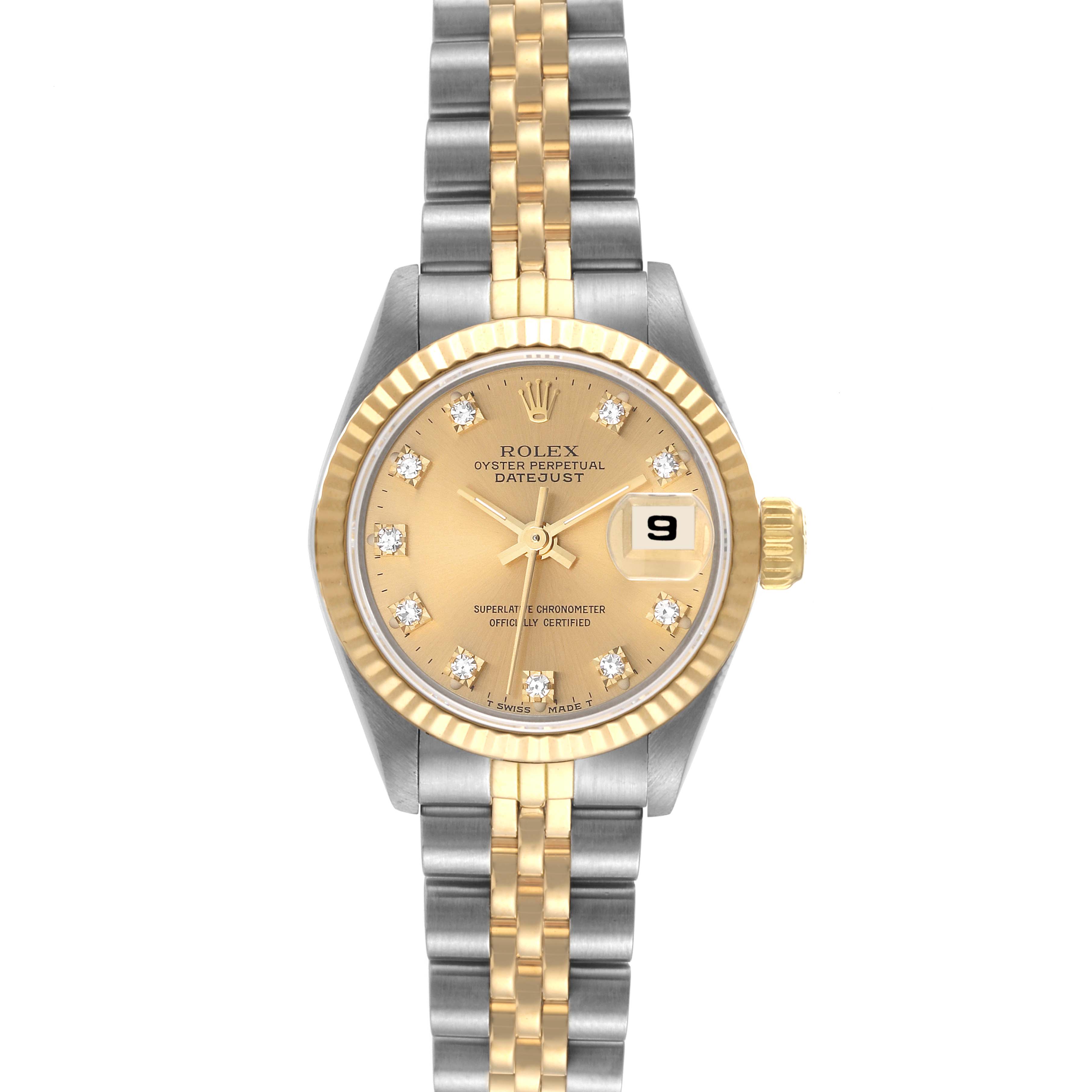This Rolex Datejust 69173 Women's Steel and Gold (two tone) Champagne Dial 69173 Women's Steel and Gold (two tone) Champagne Dial watch is shown from a top-down angle, displaying the face, bezel, crown, and bracelet.