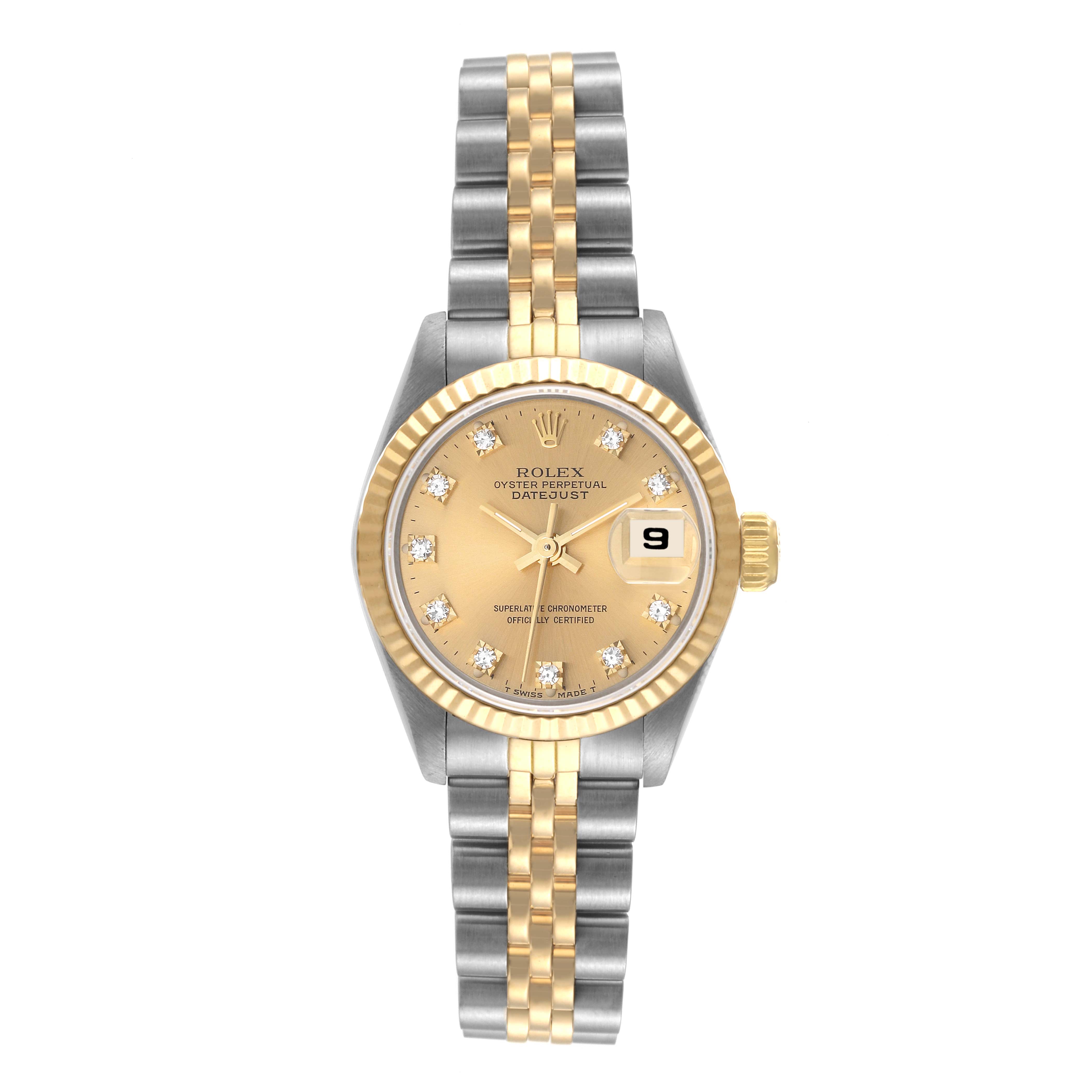 The image shows a Rolex Datejust 69173 Women's Steel and Gold (two tone) Champagne Dial 69173 Women's Steel and Gold (two tone) Champagne Dial watch from a top-down angle, highlighting its face, bezel, and bracelet.