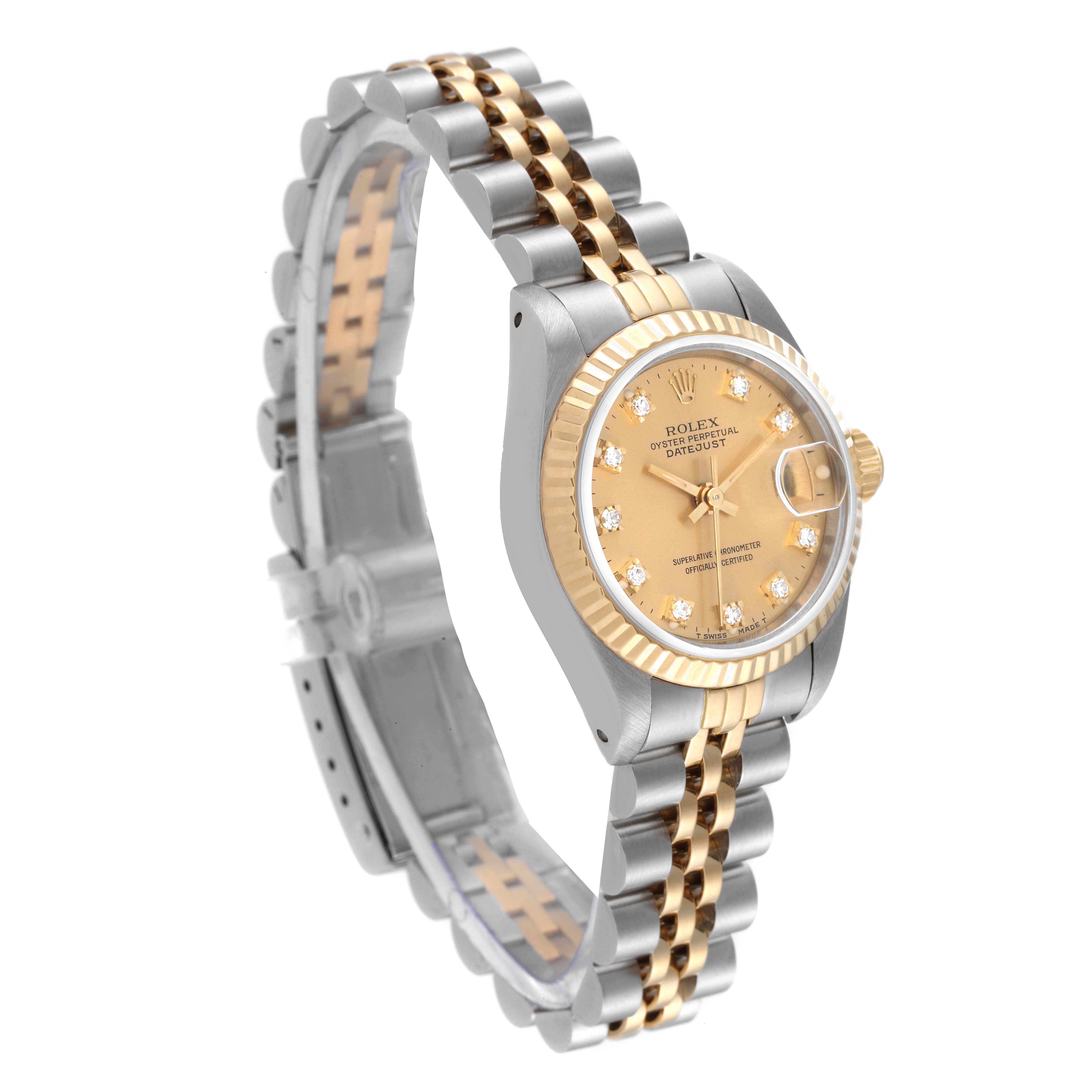 The image shows a Rolex Datejust 69173 Women's Steel and Gold (two tone) Champagne Dial 69173 Women's Steel and Gold (two tone) Champagne Dial watch from a right-side angle, highlighting the dial, case, and two-tone bracelet.
