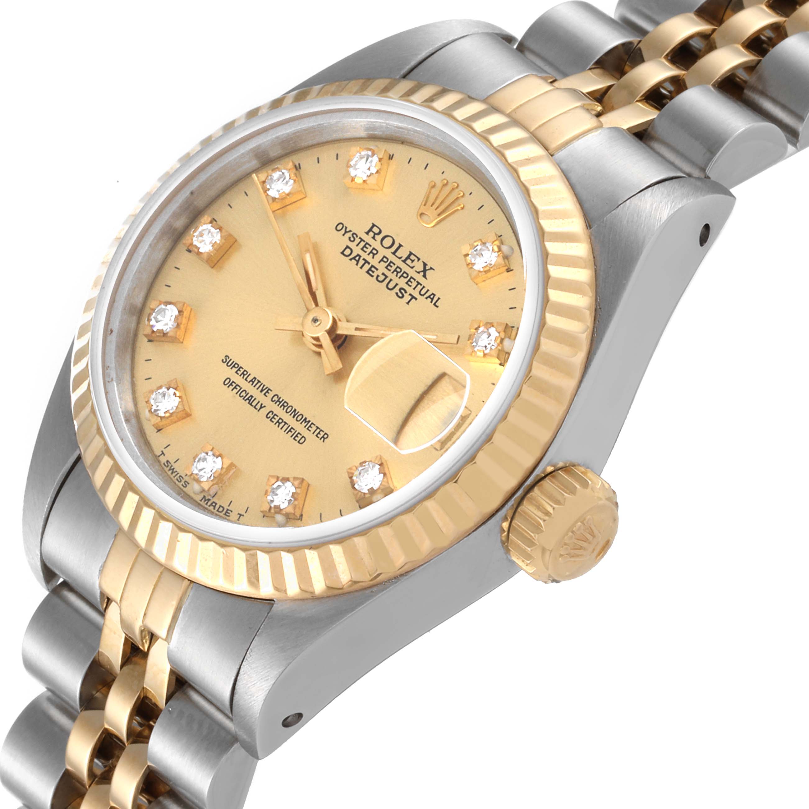 The Rolex Datejust 69173 Women's Steel and Gold (two tone) Champagne Dial 69173 Women's Steel and Gold (two tone) Champagne Dial watch is shown from an angled close-up view, highlighting the dial, bezel, crown, and part of the bracelet.