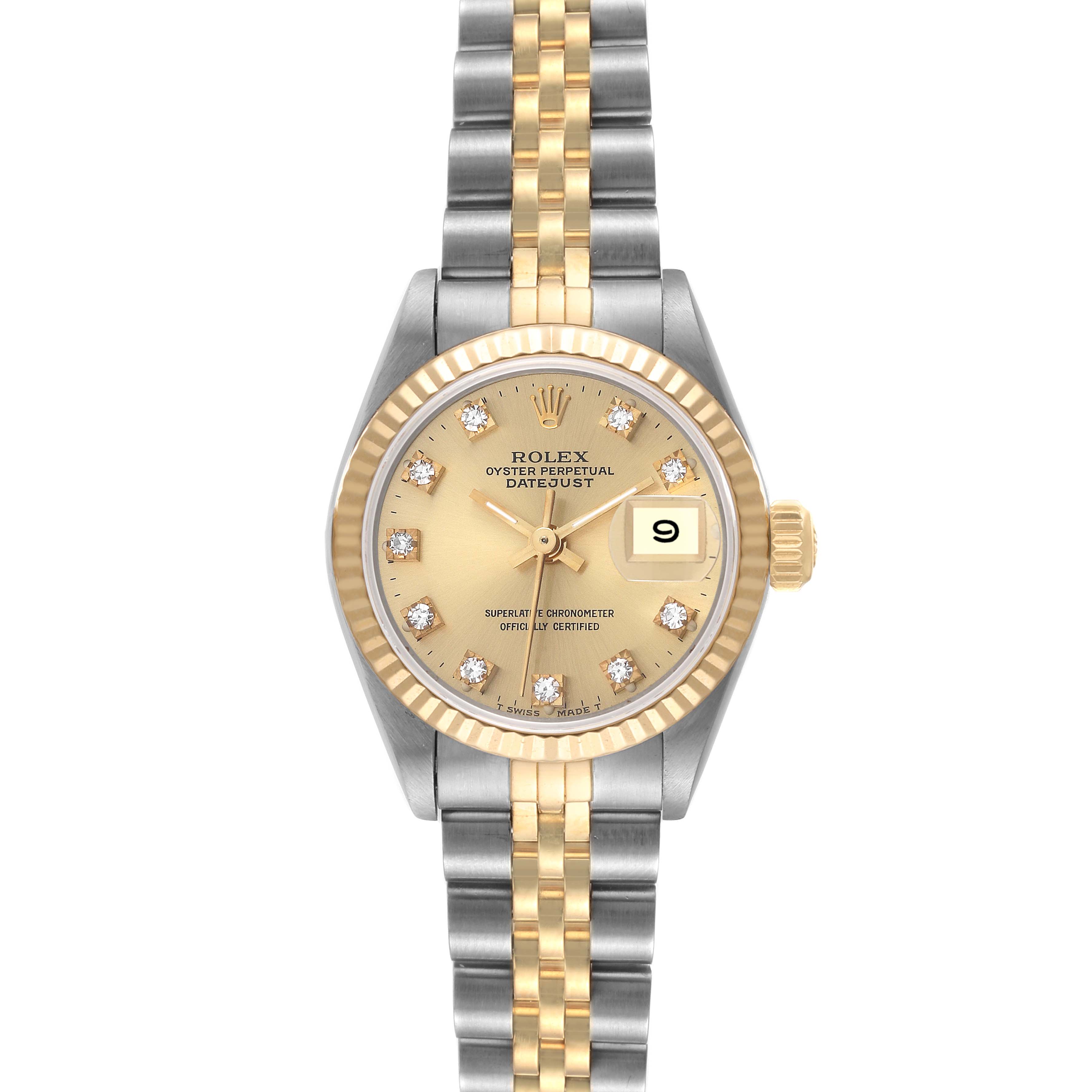 This is a front view of a Rolex Datejust 69173 Women's Steel and Gold (two tone) Champagne Dial 69173 Women's Steel and Gold (two tone) Champagne Dial watch showing the dial, bezel, and part of the bracelet.