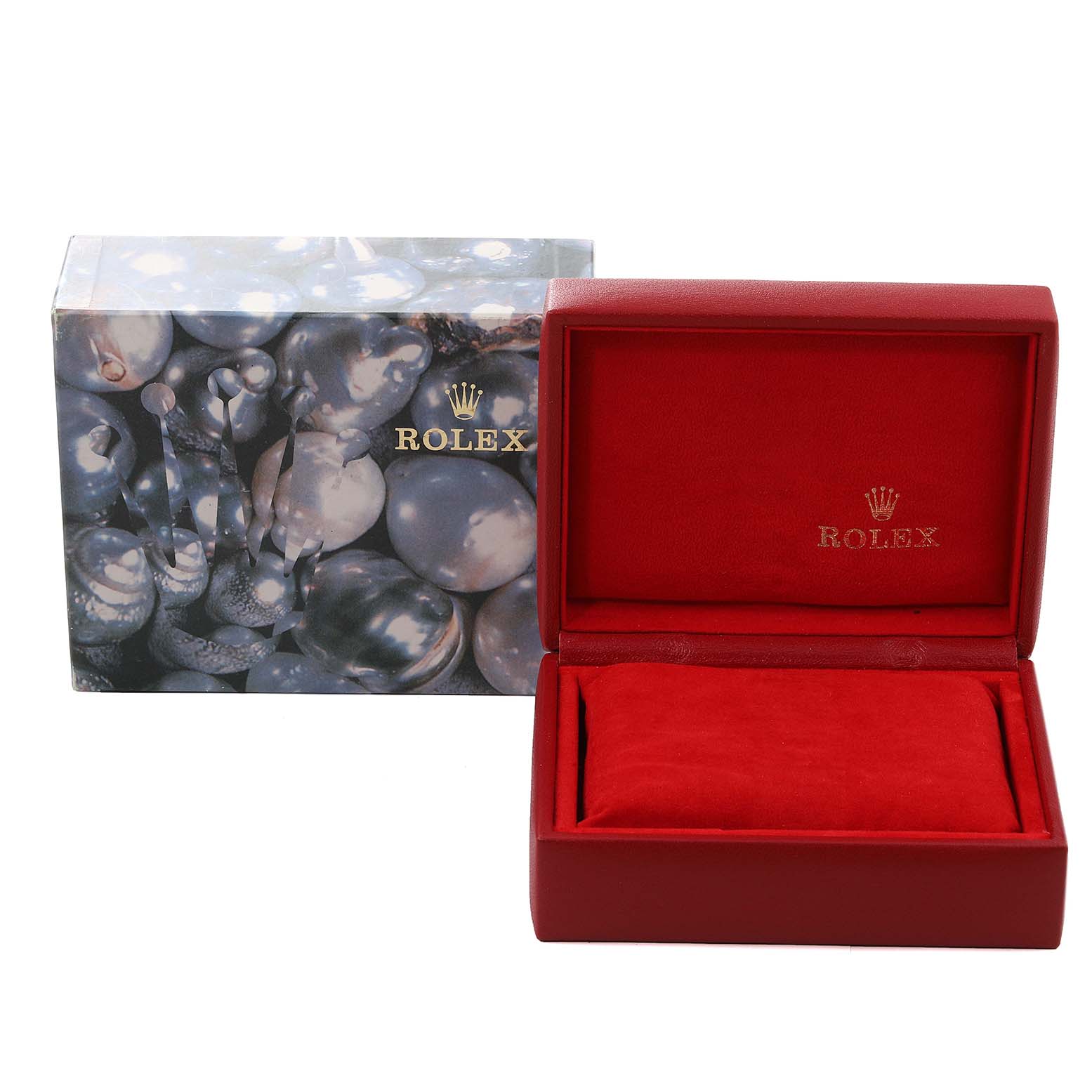 This image shows the opened red box and outer decorative box for a Rolex Datejust 69173 Women's Steel and Gold (two tone) Champagne Dial 69173 Women's Steel and Gold (two tone) Champagne Dial watch.