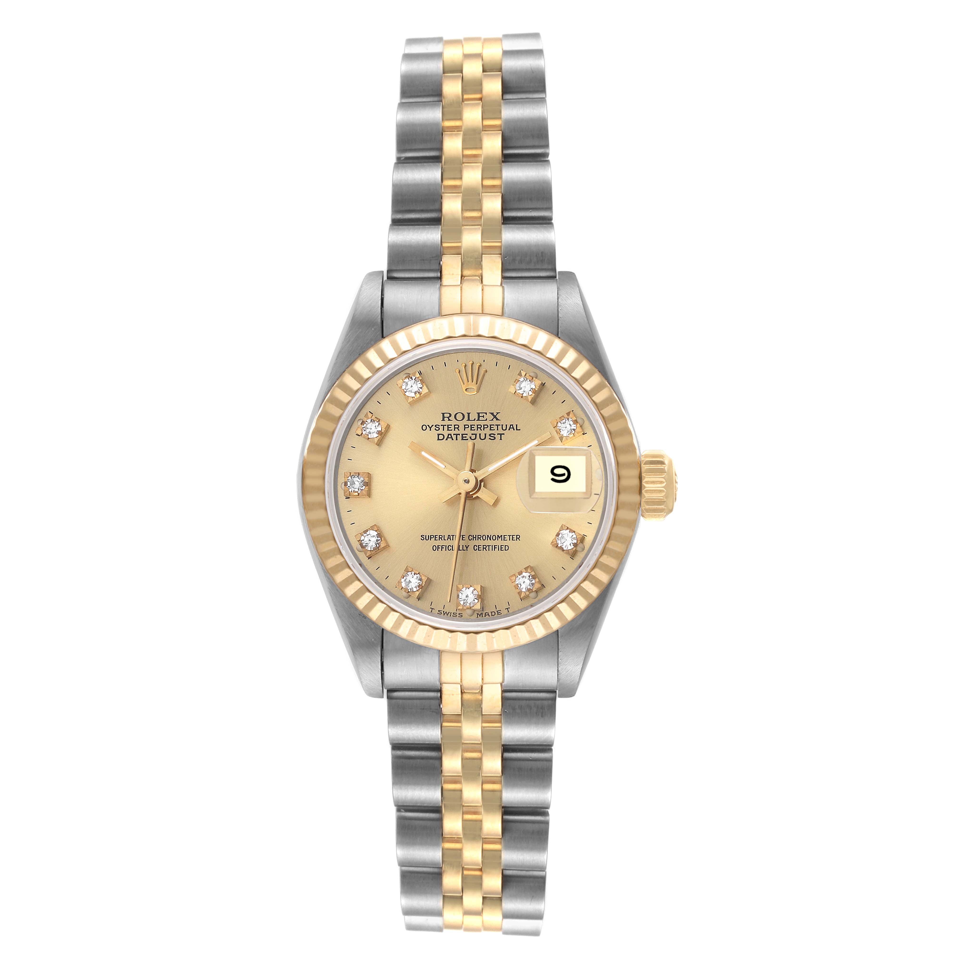 The image shows a frontal view of a Rolex Datejust 69173 Women's Steel and Gold (two tone) Champagne Dial 69173 Women's Steel and Gold (two tone) Champagne Dial watch highlighting its dial, bezel, and bracelet.