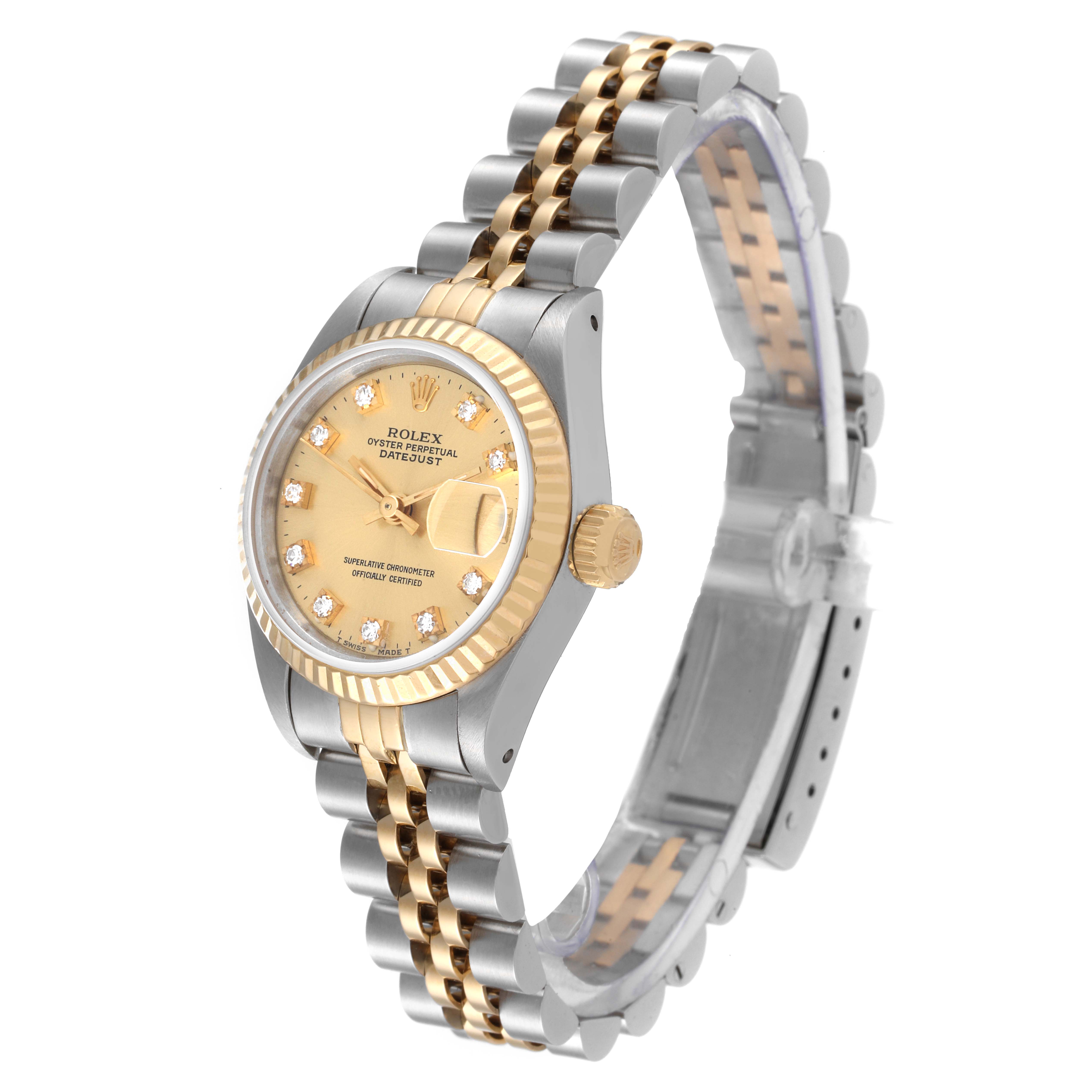 The image shows a Rolex Datejust 69173 Women's Steel and Gold (two tone) Champagne Dial 69173 Women's Steel and Gold (two tone) Champagne Dial watch at a three-quarter angle highlighting the dial, bezel, crown, and bracelet.