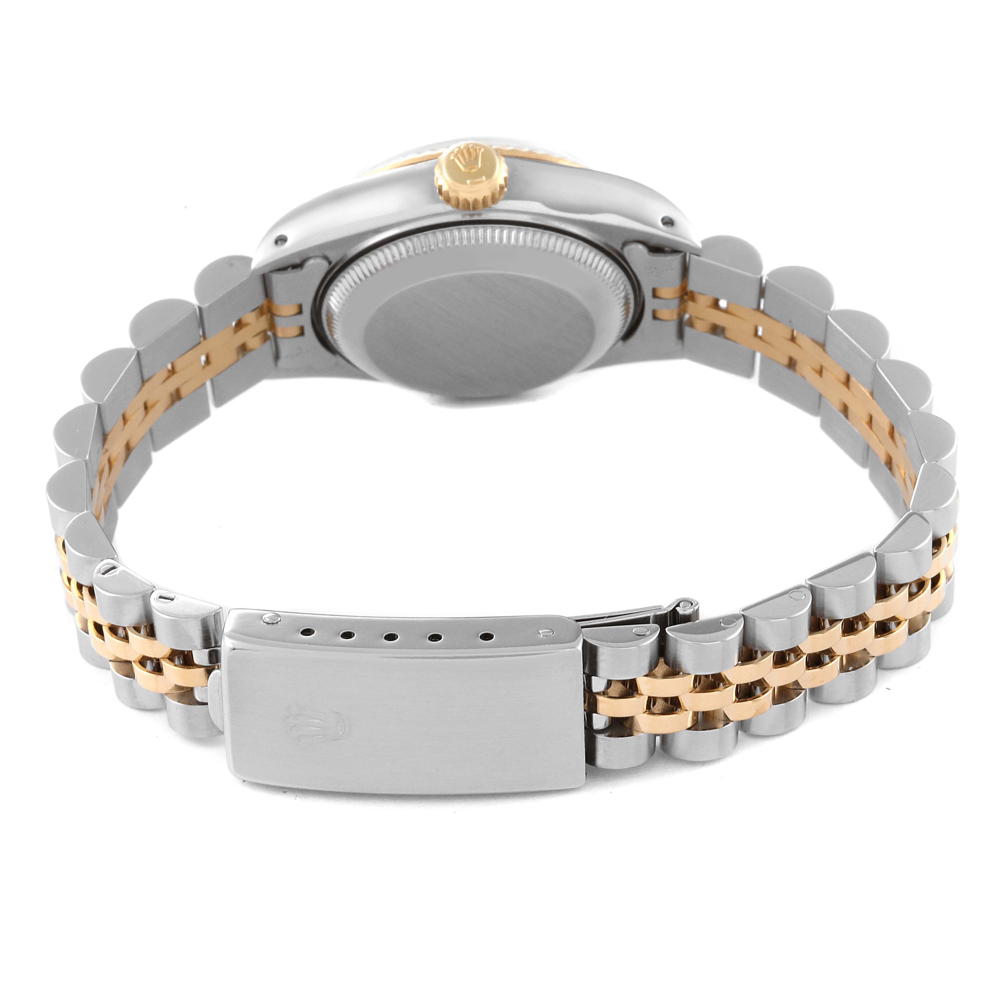 The image shows the back view of a Rolex Datejust 69173 Women's Steel and Gold (two tone) Champagne Dial 69173 Women's Steel and Gold (two tone) Champagne Dial watch, highlighting the case back, bracelet, and clasp.