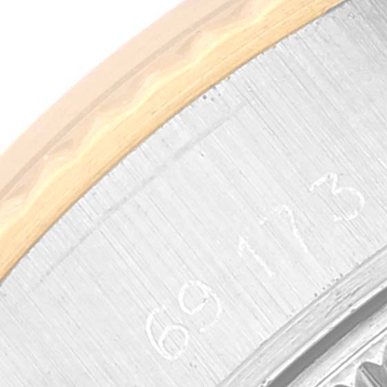 The image shows a close-up of the bezel and outer case of a Rolex Datejust 69173 Women's Steel and Gold (two tone) Champagne Dial 69173 Women's Steel and Gold (two tone) Champagne Dial watch with a visible model number.