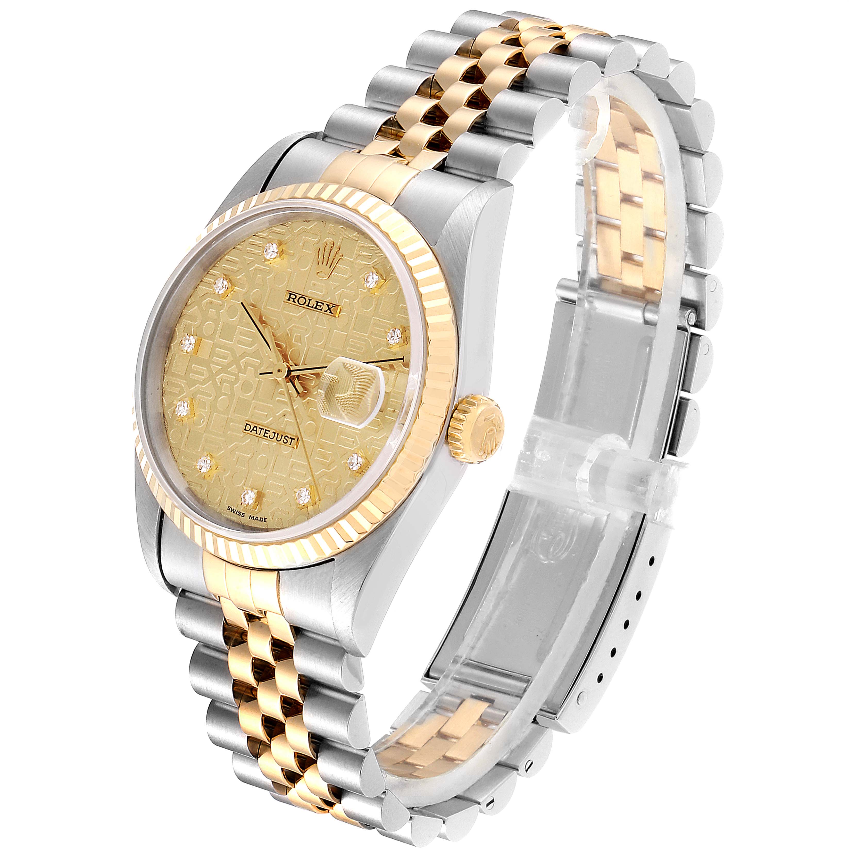 The image shows a side angle of a Rolex Datejust 16233 Men
s Steel and Gold (two tone) Champagne Dial 16233 Men
s Steel and Gold (two tone) Champagne Dial watch, featuring its bezel, dial, crown, and bracelet.